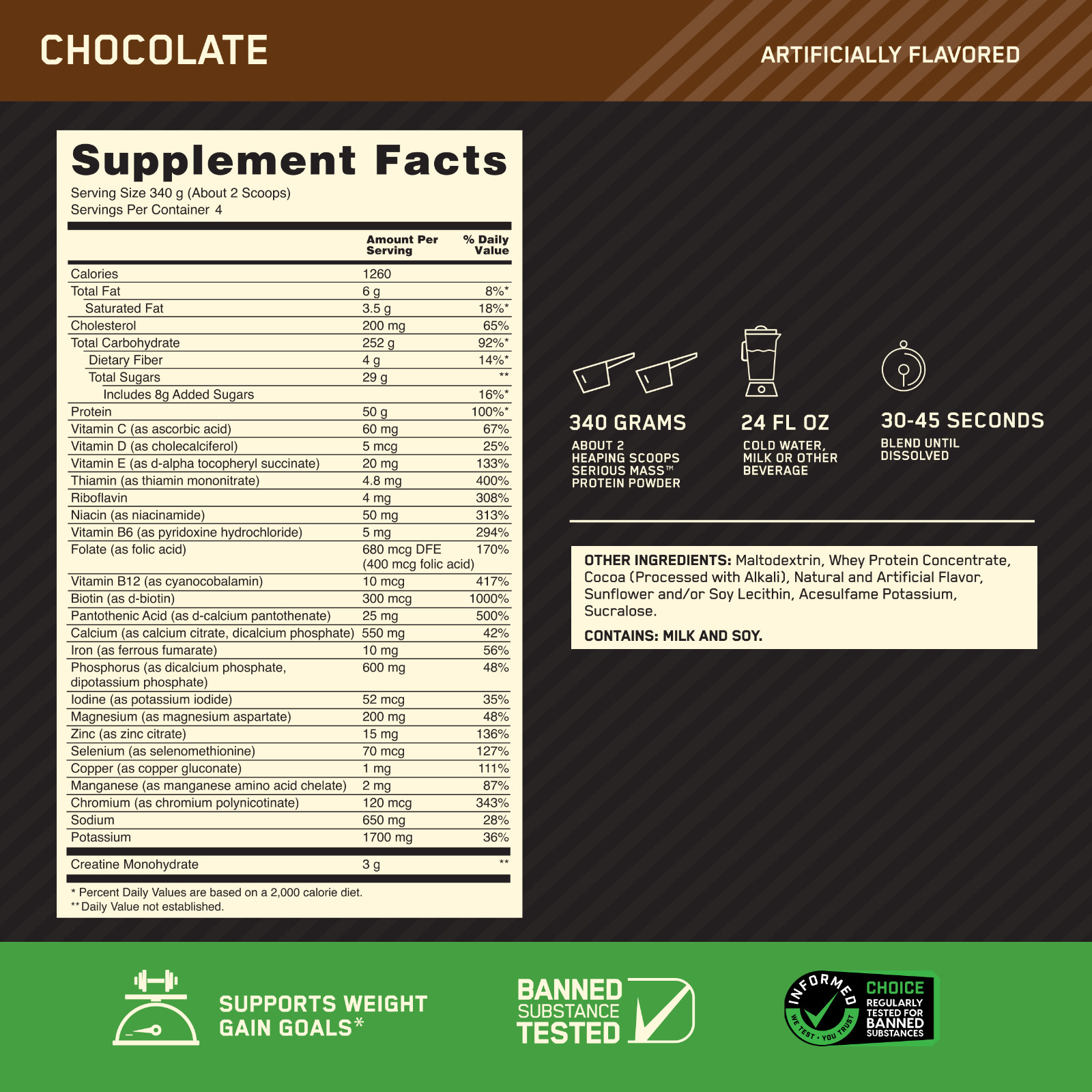 Optimum Nutrition Serious Mass, Chocolate, Weight Gainer Protein Powder
