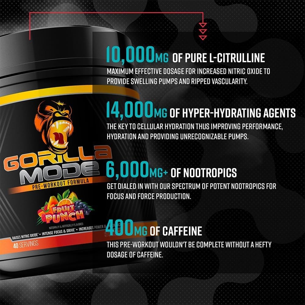Gorilla Mode Pre Workout – L-Citrulline, Pumps, Laser Focus, Energy, Power