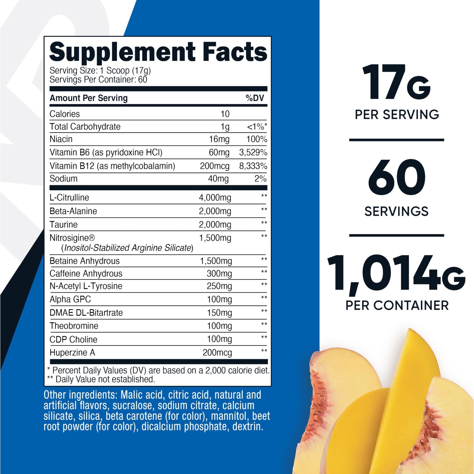 Pre-Workout Powder Complex – Peach Mango Flavor, 60 Servings, Vegan, Gluten-Free