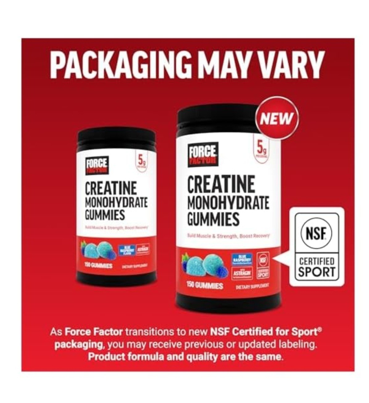 Force Factor Creatine Monohydrate Gummies Blue Raspberry 150ct 5g NSF Sport