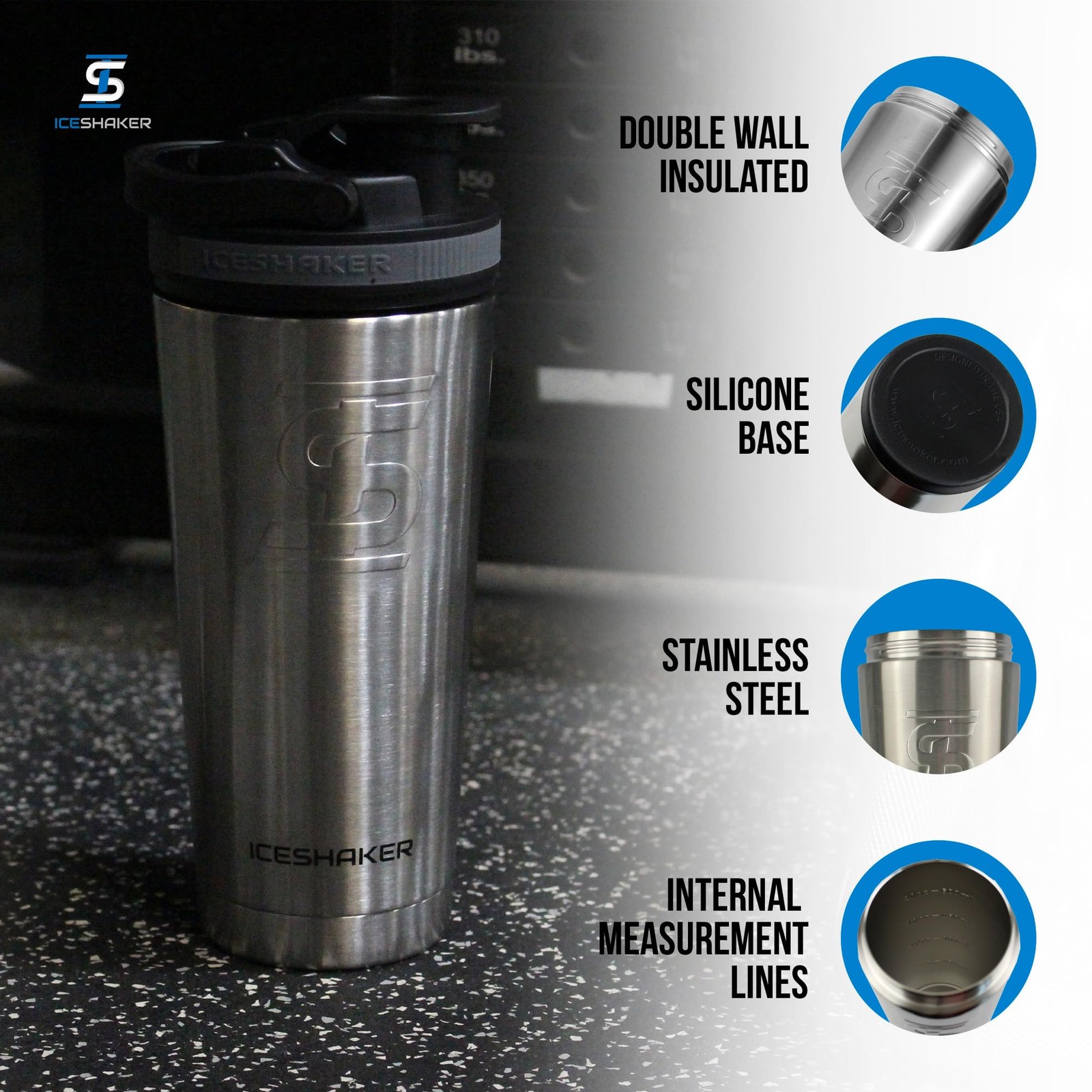 Ice Shaker Insulated Stainless Steel Shaker Bottle | 26oz, Stainless Steel | Col