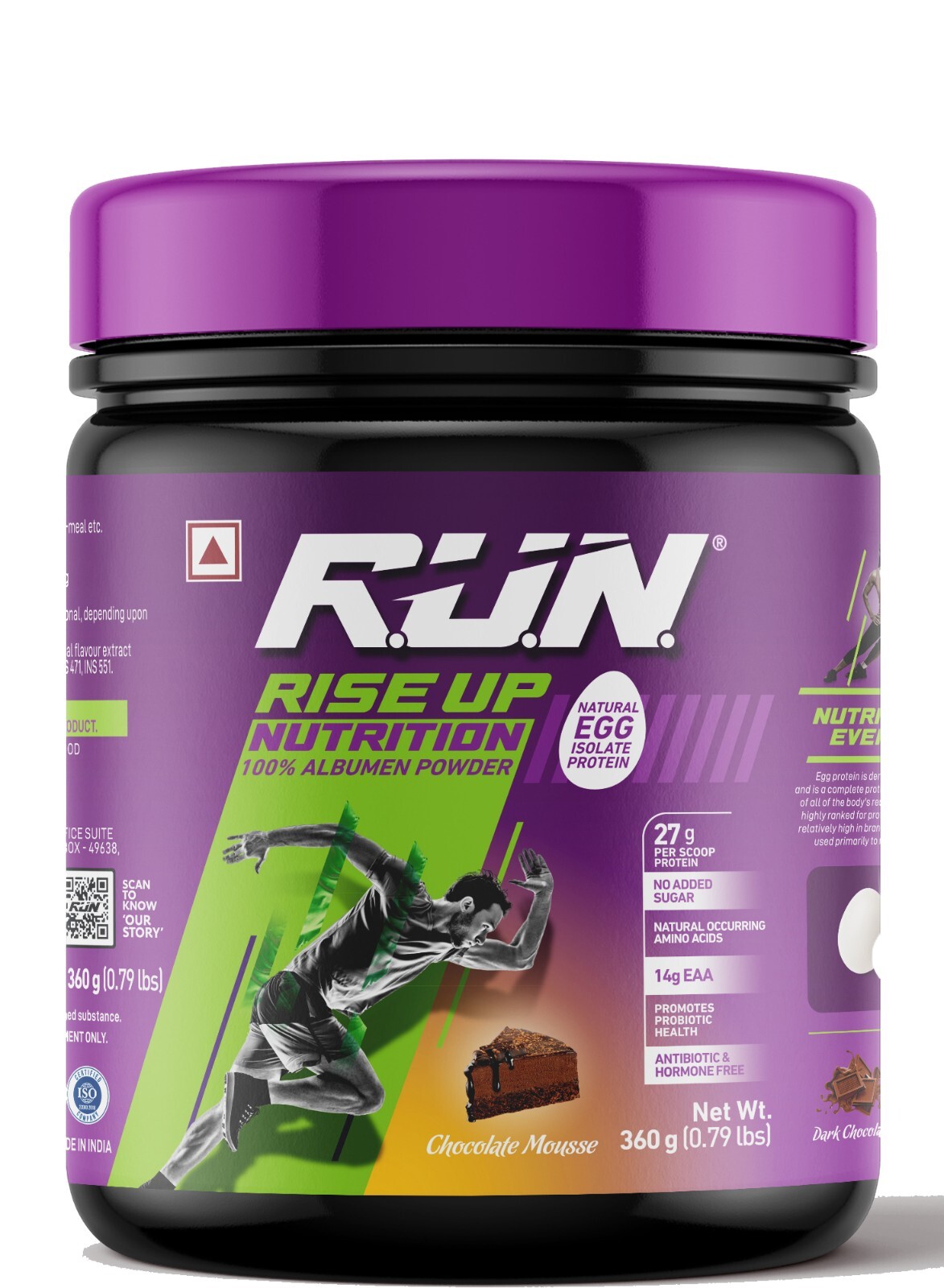 RUN Natural Egg White Protein Powder, 27g Protein, Lactose Free, 0.80 lbs/360 g