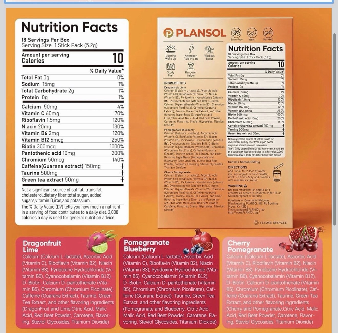 Plansol Pre-Workout Energy Drink Mix Powder Variety 18 Sticks 150mg Caffeine