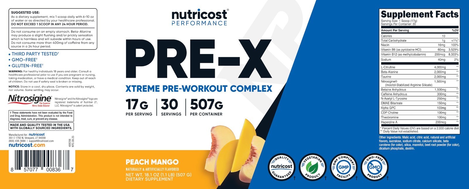 Extreme Pre-Workout Powder Complex – Peach Mango Flavor, 30 Servings, Vegan, GMO