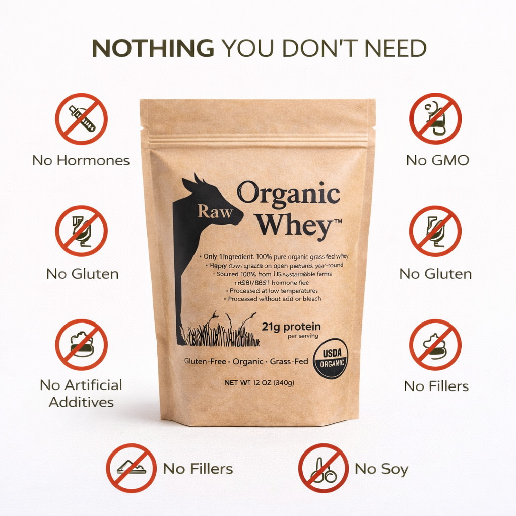 Organic Raw Whey Protein Powder Grass-Fed Unflavored Non-GMO Gluten Free 12 oz