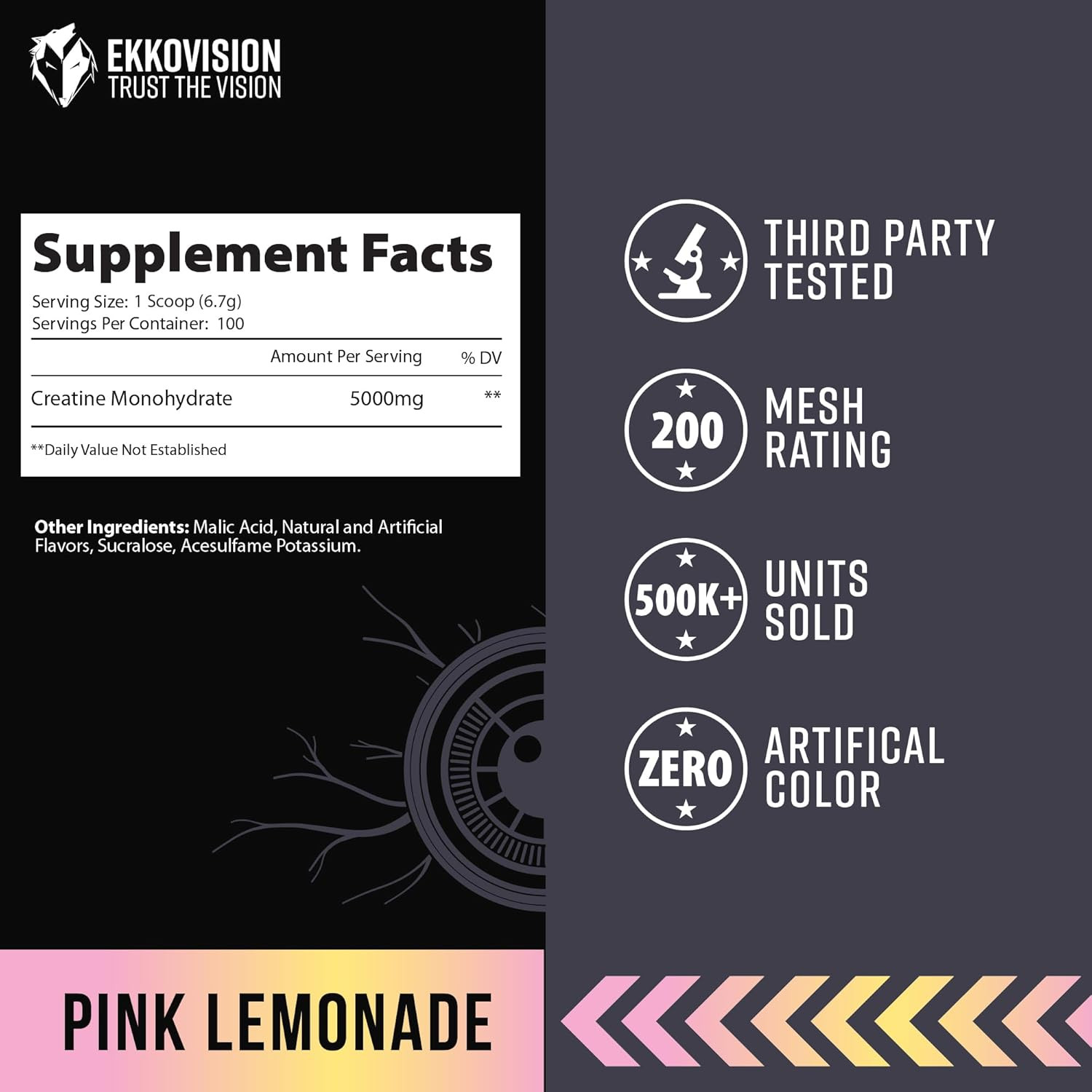 Ekkovision Creatine Monohydrate Pink Lemonade 100 Servings Micronized Energy