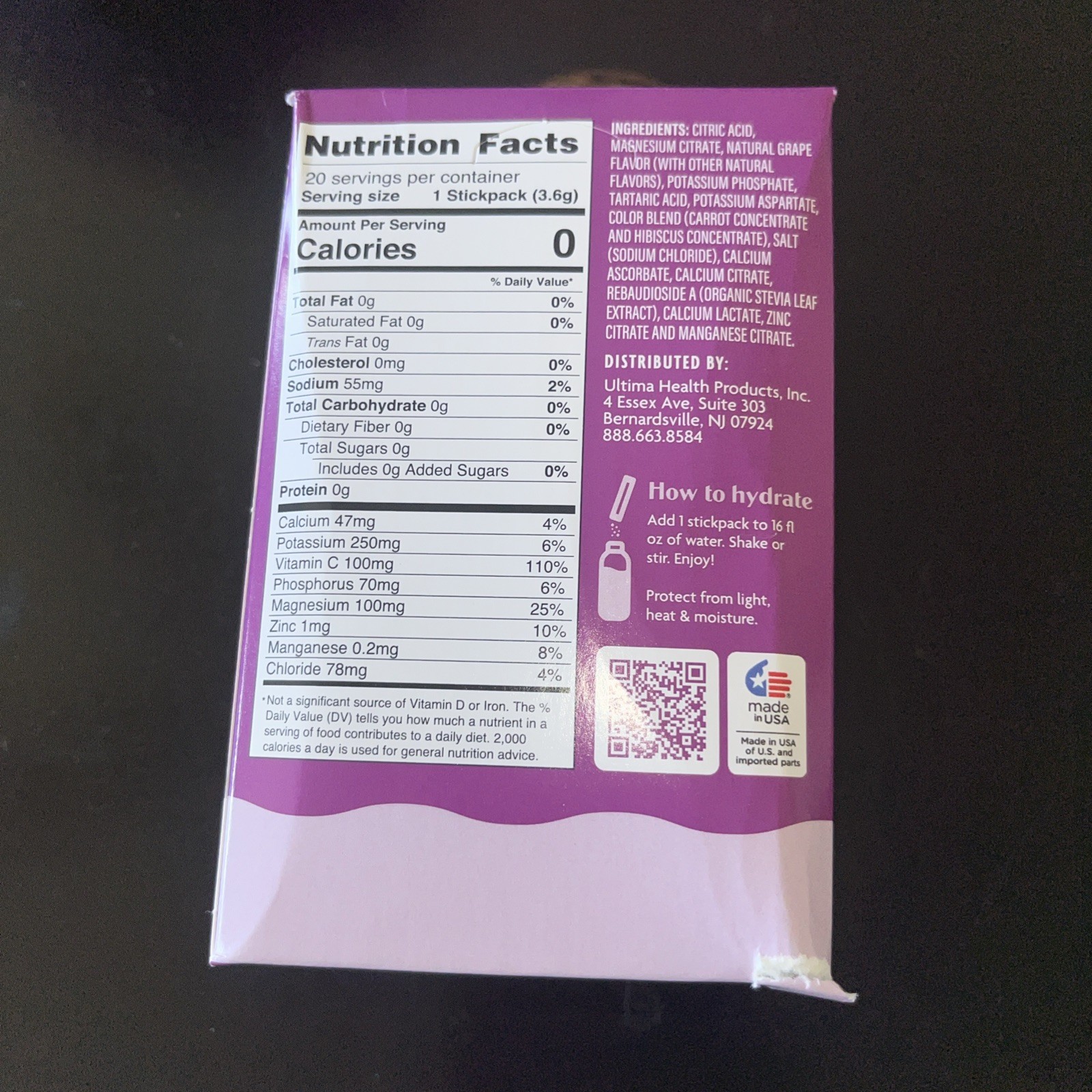 2x 20 = 40 Ultima Replenisher Hydrating Electrolyte Powder Grape Stick pack Box