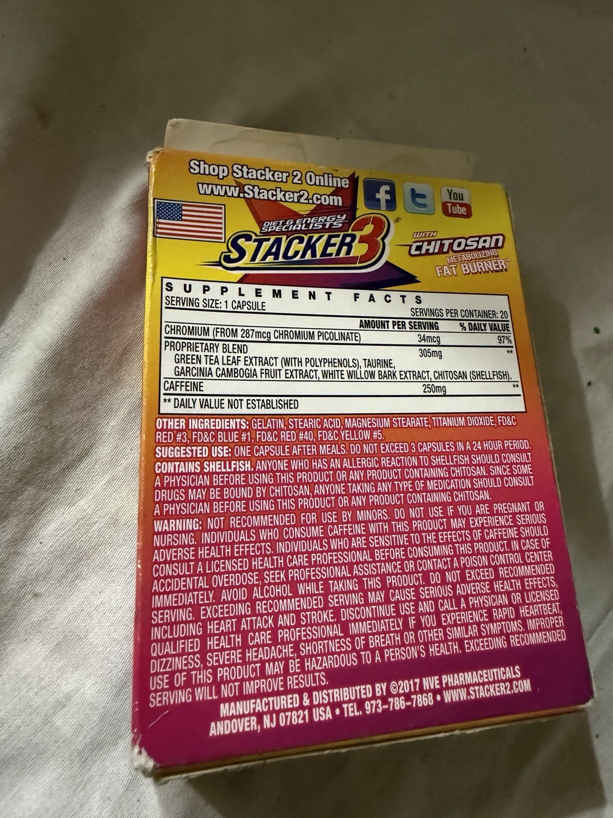 Stacker3 Diet & Energy Supplement Chitosan 20 Capsules Exp 01/28