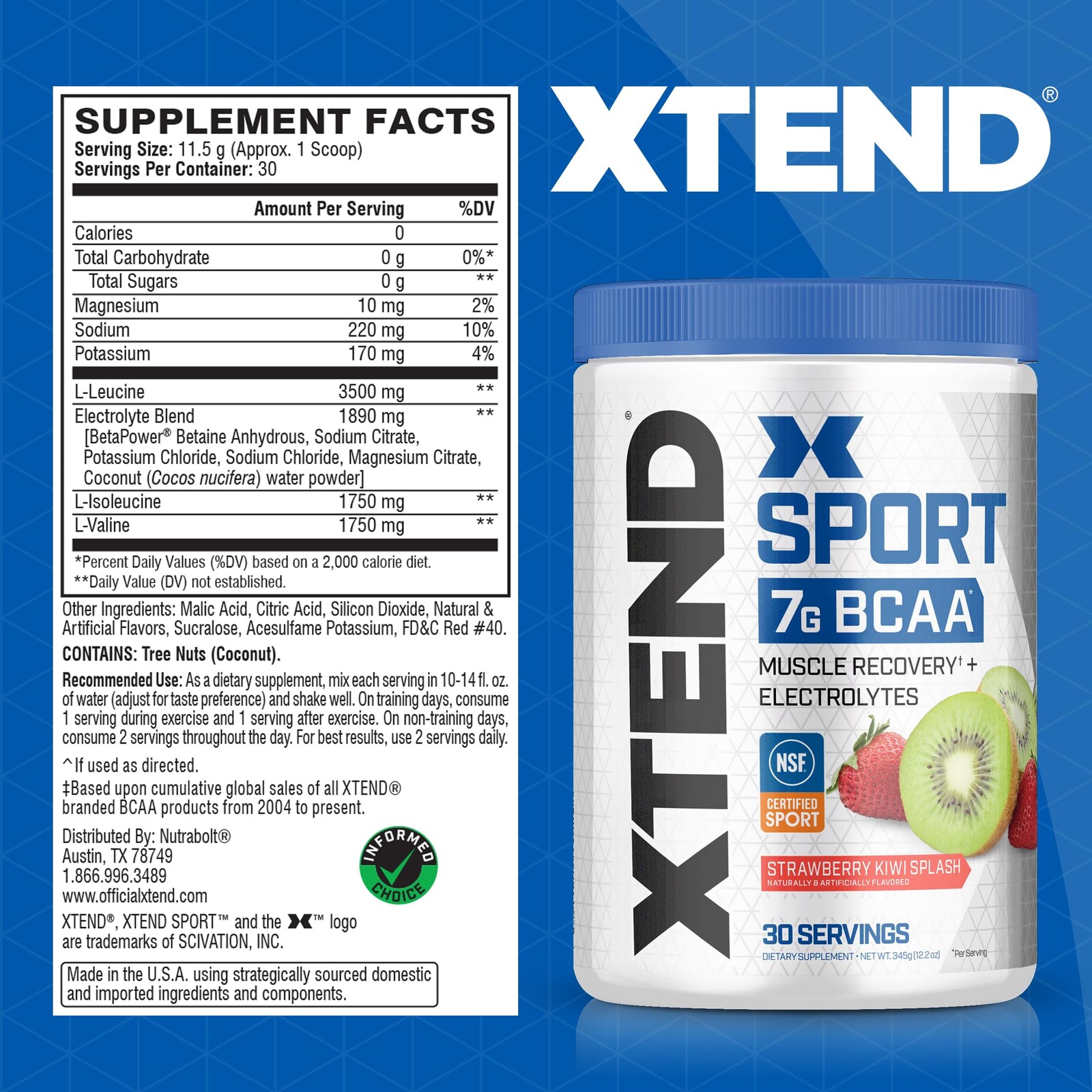 XTEND Sport BCAA Powder 12.2 Ounce (Pack of 1), Strawberry Kiwi Splash