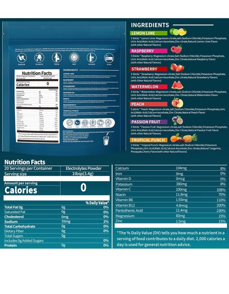 (2) OZENKE Electrolytes Powder Packets SugarFree Hydration Variety 40Pack NEW