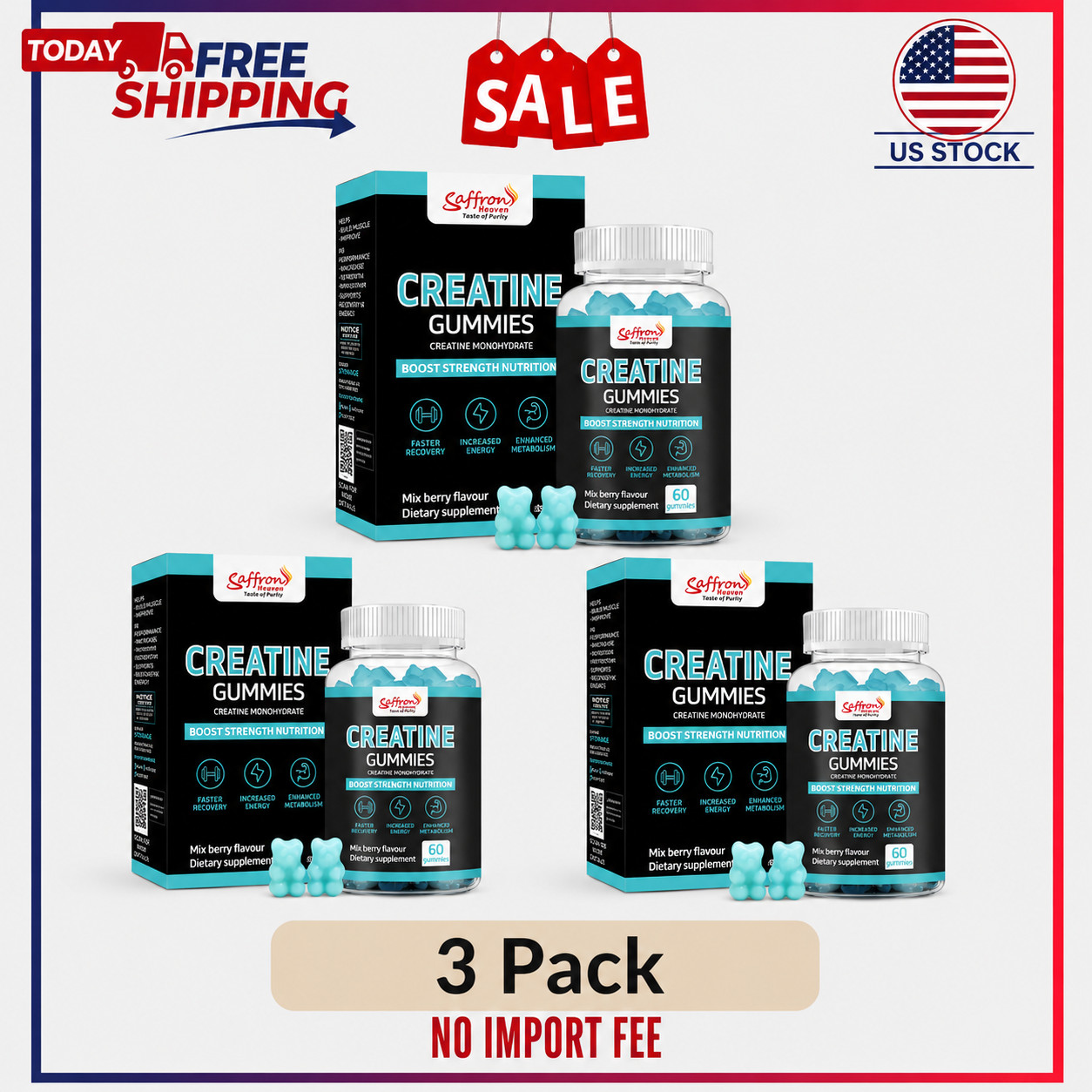 (PACK 3 ) SAFFRON HEAVEN CREATINE MONOHYDRATE GUMMIES 60 COUNT | MIXED BERRY