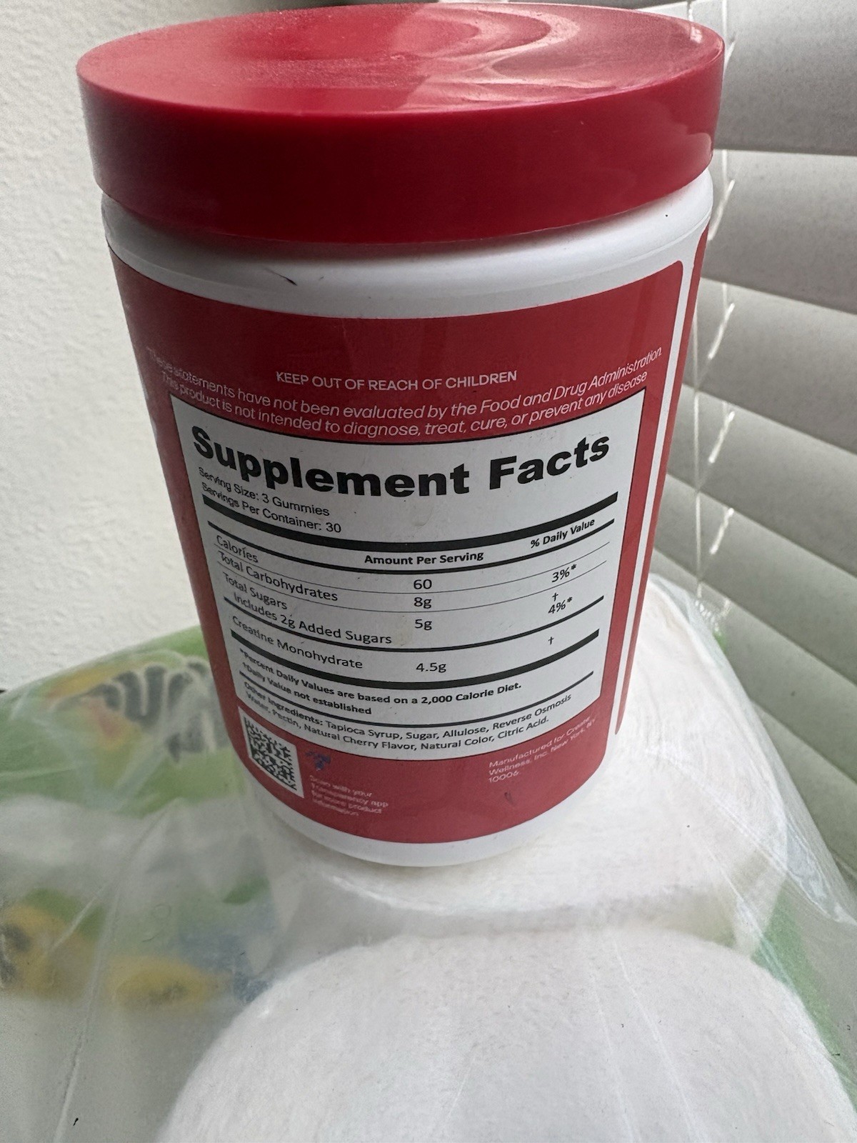Create Creatine Monohydrate Gummies Sour Cherry 90ct NSF Sport Gluten Free