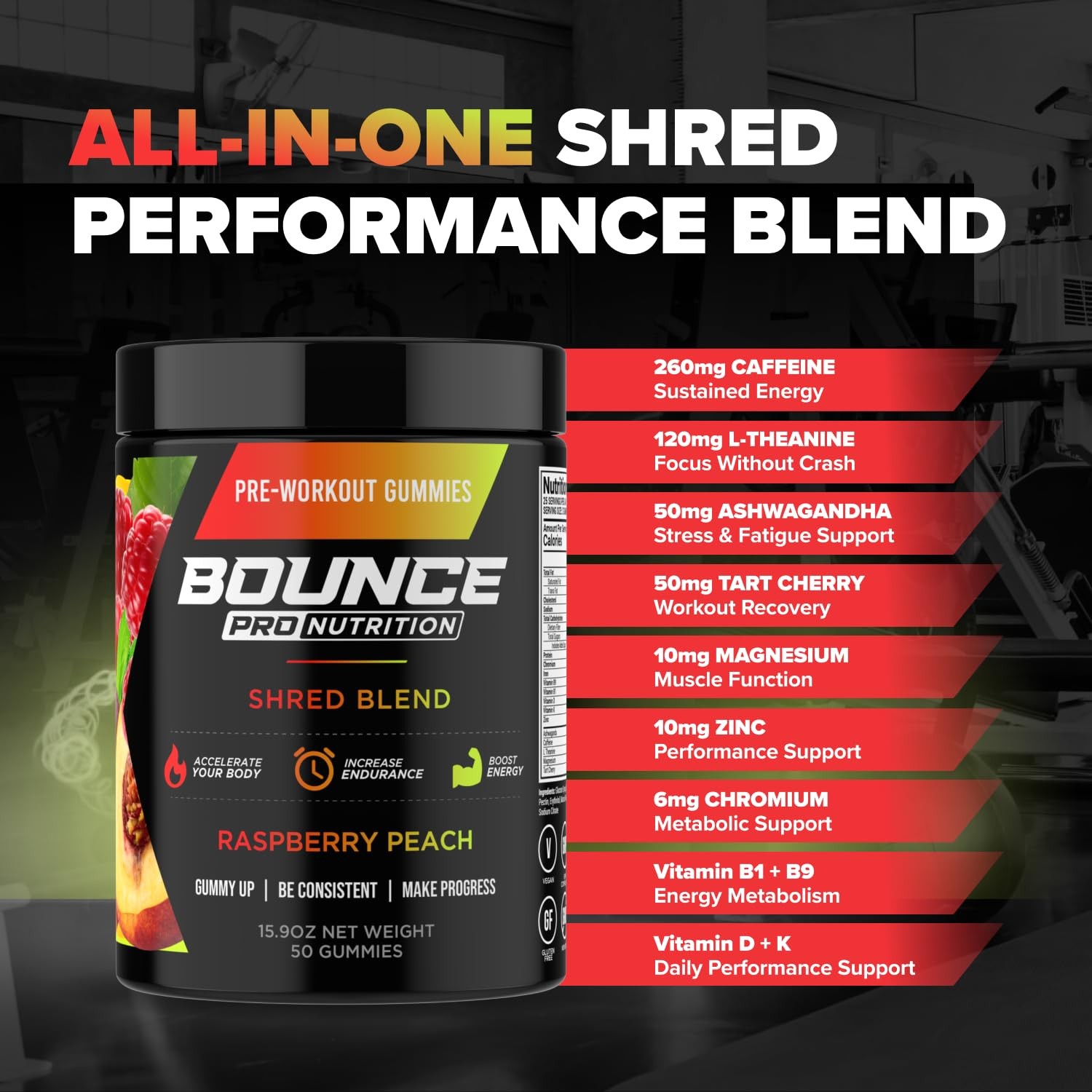 Bounce Pro Shred Blend Pre Workout 50 Vegan Caffeine For Energy 50 Count Pack