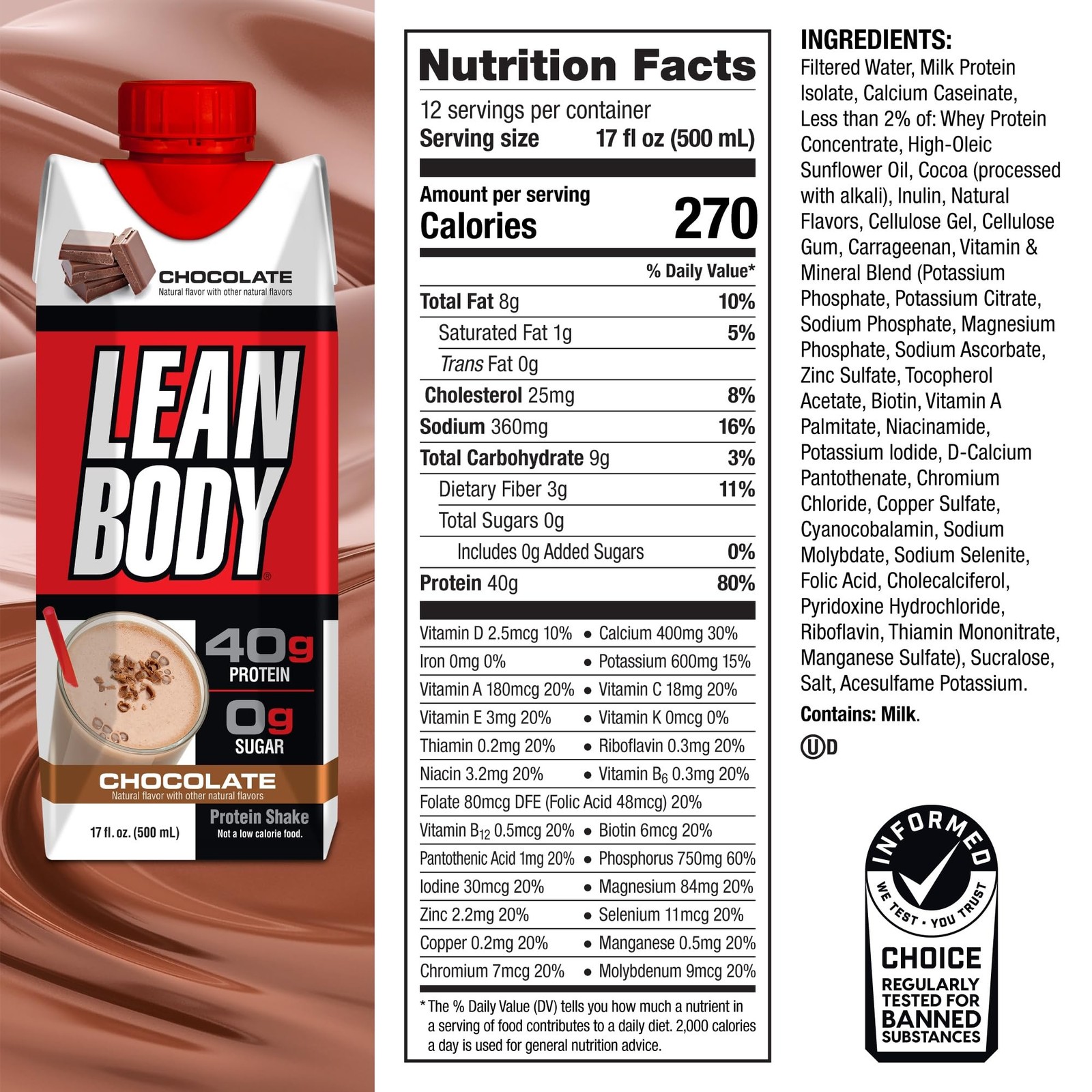 Labrada Lean Body Ready-to-Drink Chocolate Protein Shake, 40g Protein, Whey B…