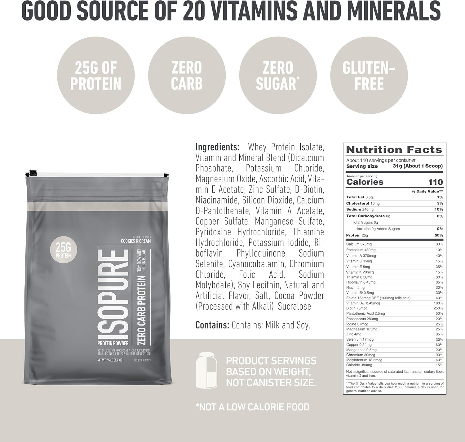 Zero Carb 100% Pure Whey Isolate Protein Powder, Gluten Free, with Vitamins, Coo