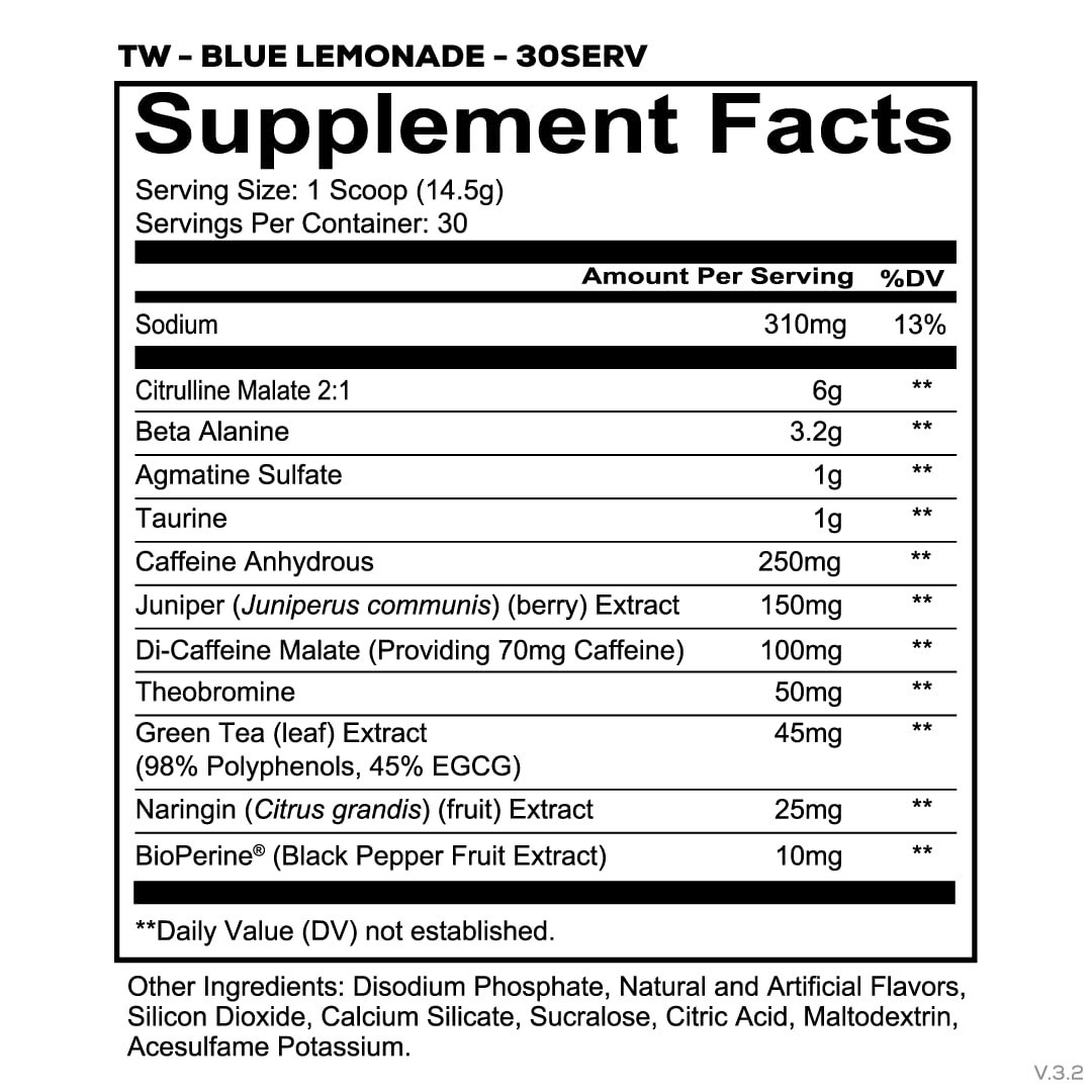 Total War Pre Workout Powder – Blue Lemonade Flavor, 320mg Caffeine, Citrulline