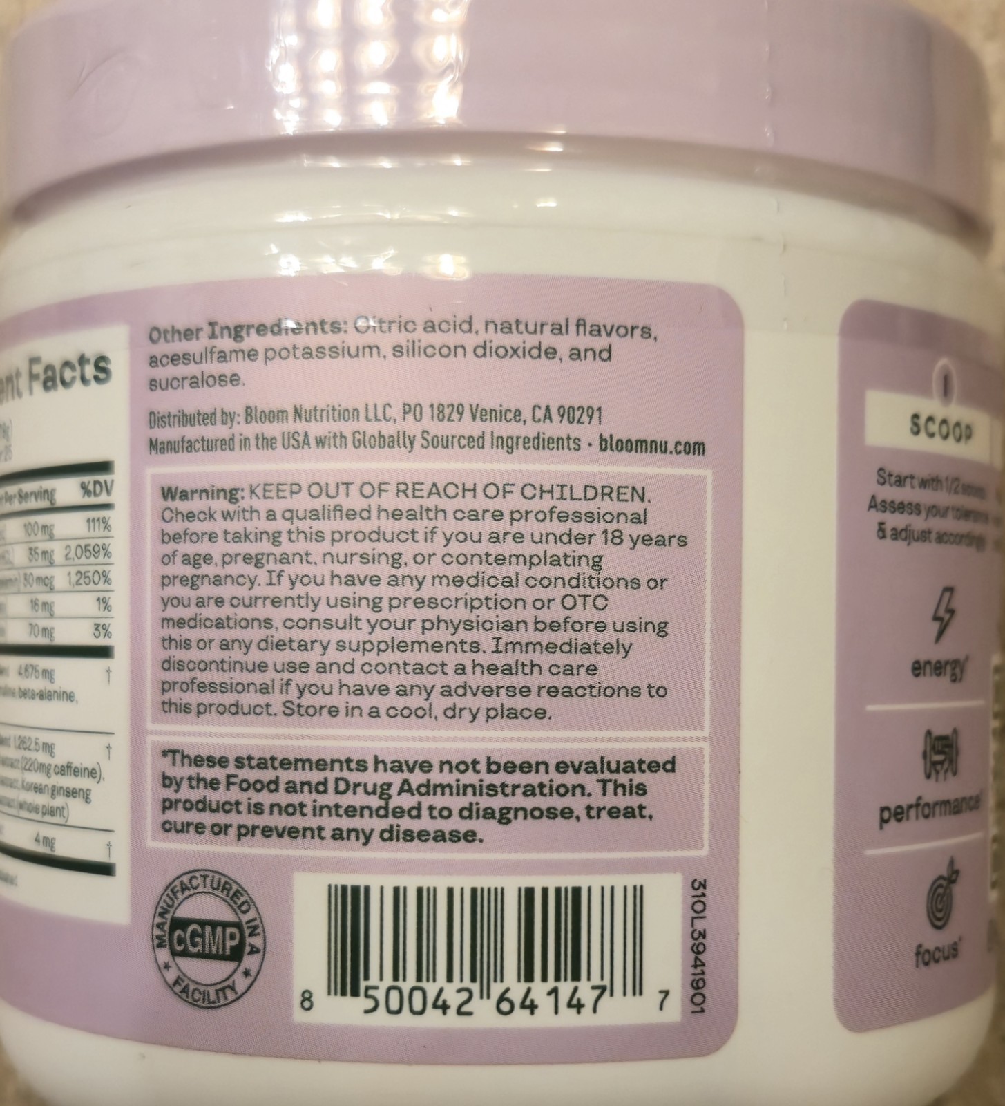 Bloom HIGH ENERGY PRE-WORKOUT 7 oz Size (30 Ser) Sour Peach Rings BEST BY 8/26