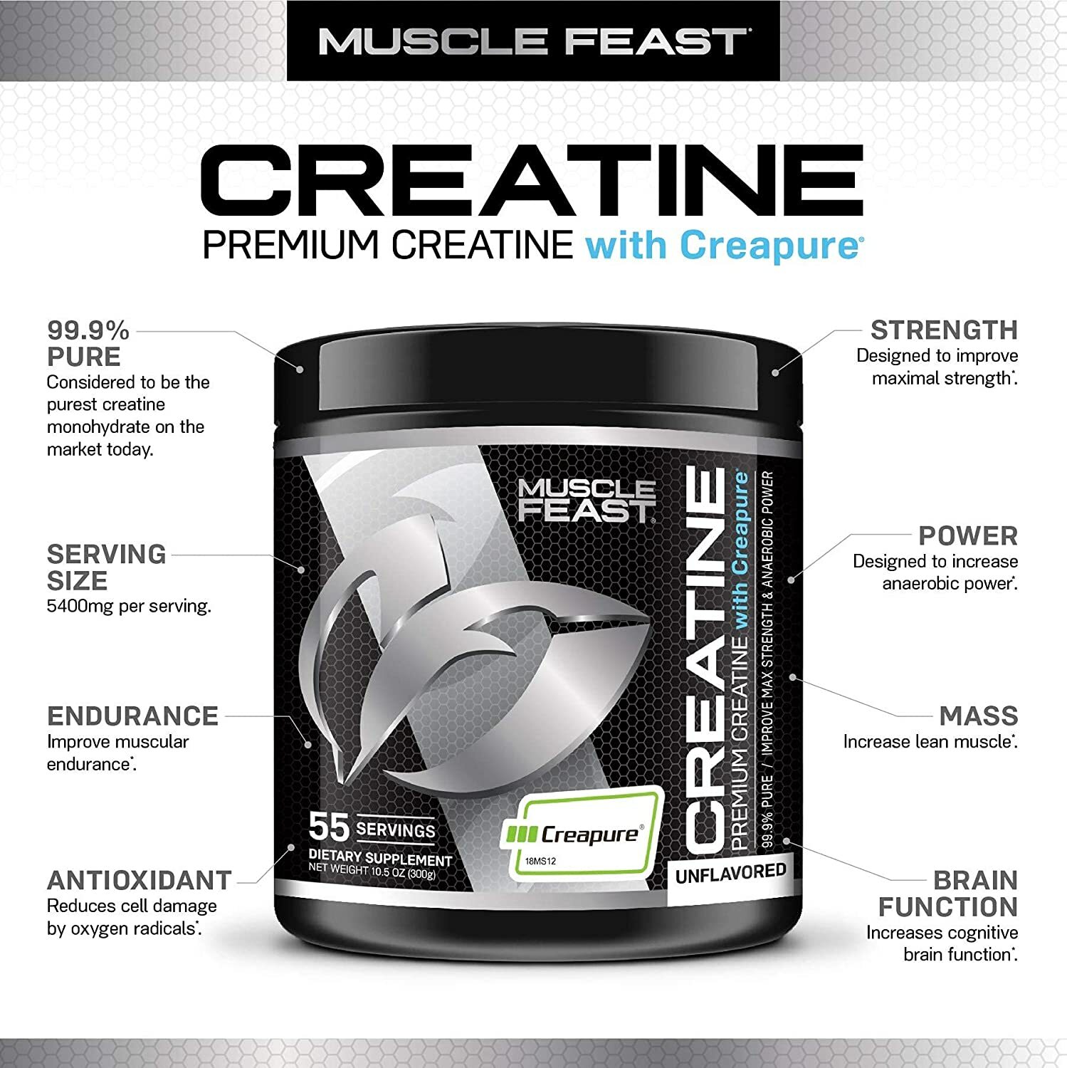 Muscle Feast Creapure Creatine Monohydrate Powder, Keto Gluten-Free, 300G