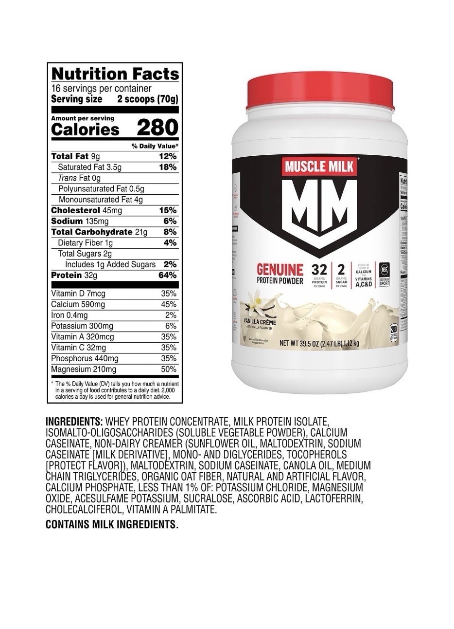 2x Muscle Milk Genuine 32g Whey Protein Powder, Vanilla Cream, 2.47 lbs, 39.5 Oz
