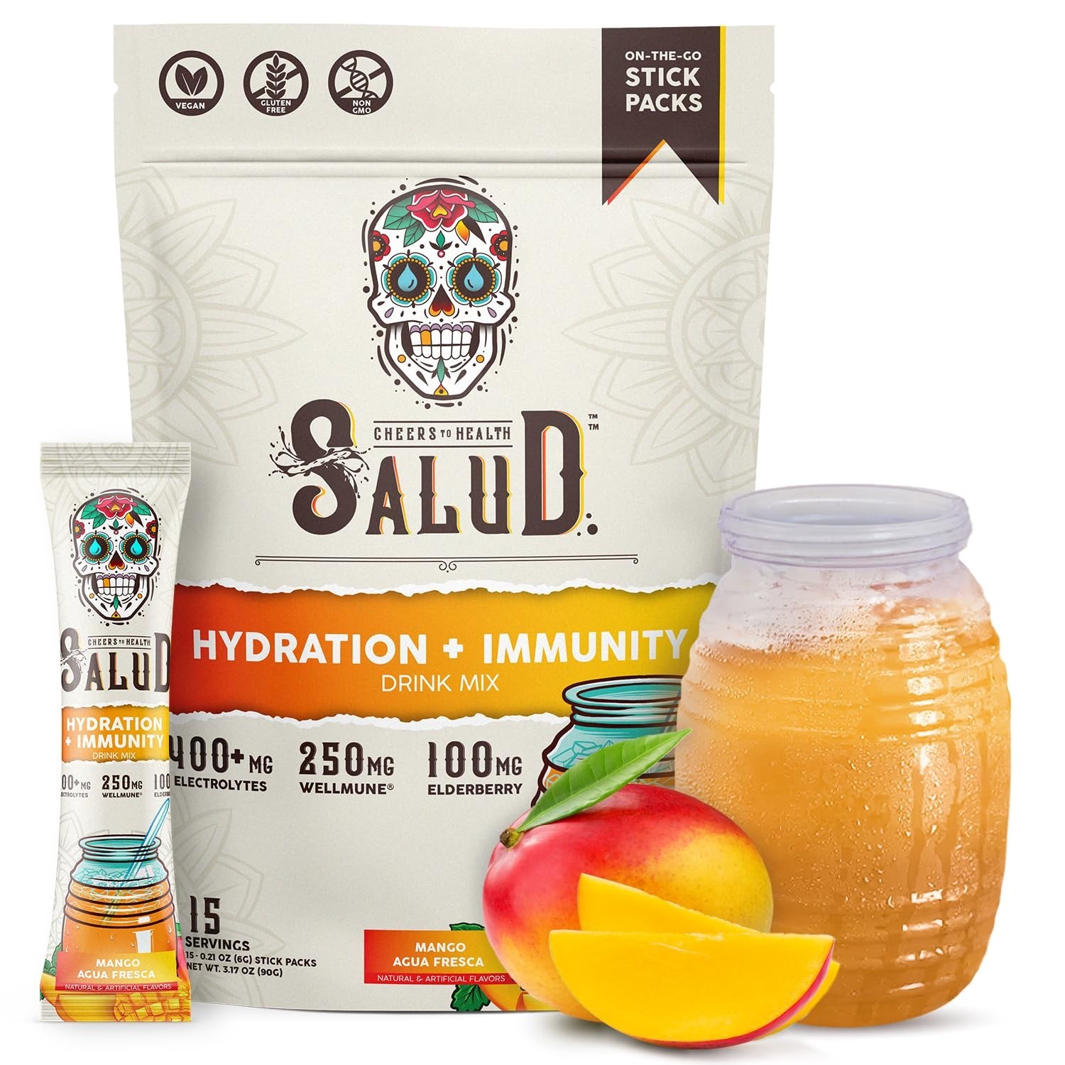 2-in-1 Hydration & Immunity Drink Mix, Mango Flavor | Electrolyte Powder, Vegan,