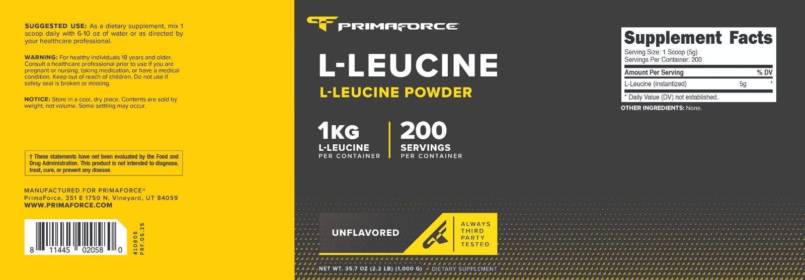 PrimaForce L-Leucine Powder 1000 Gram (1 KG) Dietary Supplement