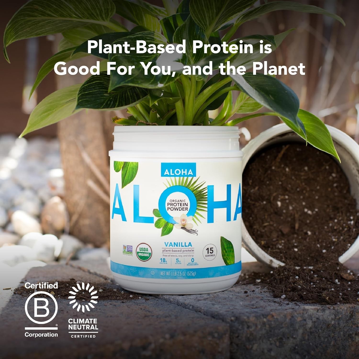 ALOHA Organic Plant Based Protein Powder, Stevia Free, Vanilla, 19.6 oz, 15 Serv