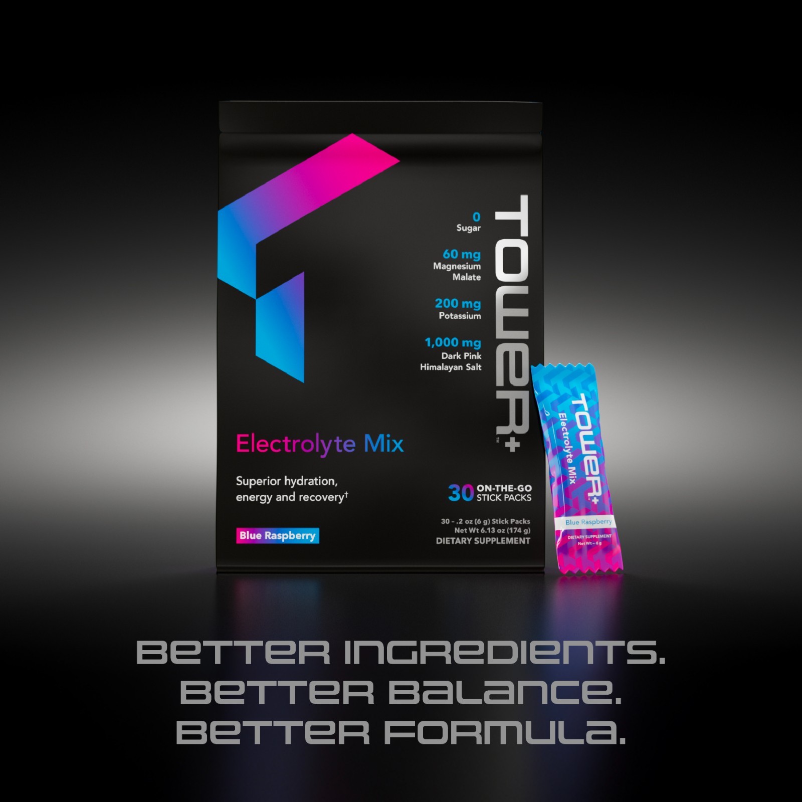 Tower+ Electrolyte Mix Blue Raspberry 30 Stick Packs Sugar Free Hydration