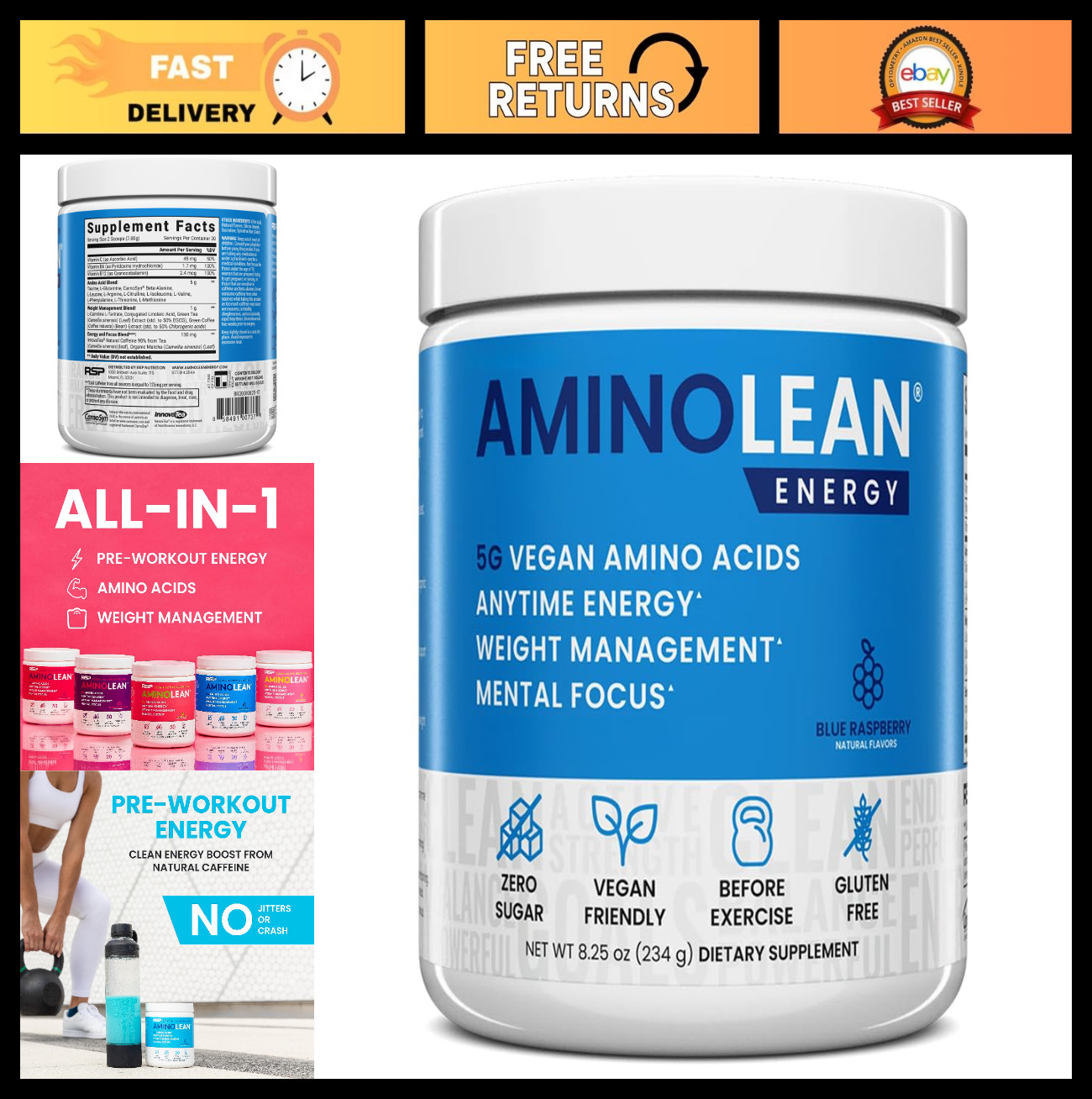 Vegan Pre Workout Powder – Natural Amino Energy, BCAA + EAA, Zero Sugar, No Cras