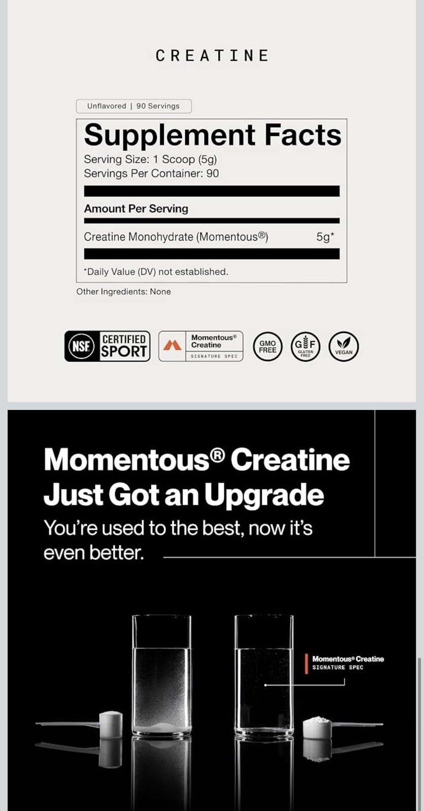 Momentous Creatine Monohydrate Powder Unflavored Vegan 15.8 oz 90 Serv