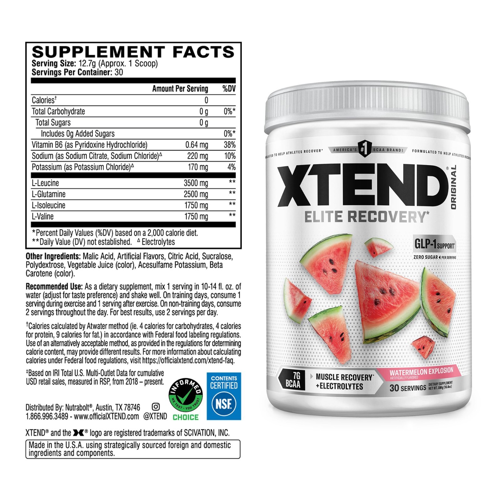 BCAA Powder for Muscle Recovery & Hydration, 7g BCAAs, Sugar-Free, Watermelon, 3