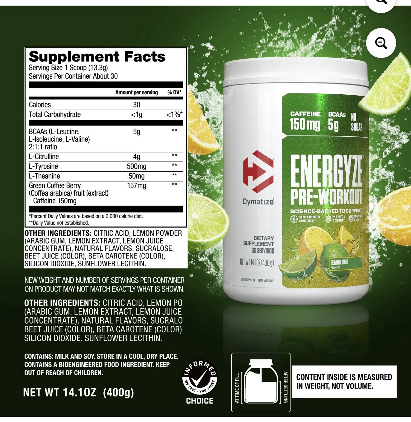Dymatize Energyze Pre-Workout – Lemon Lime – 30 Servings – 14.1 oz