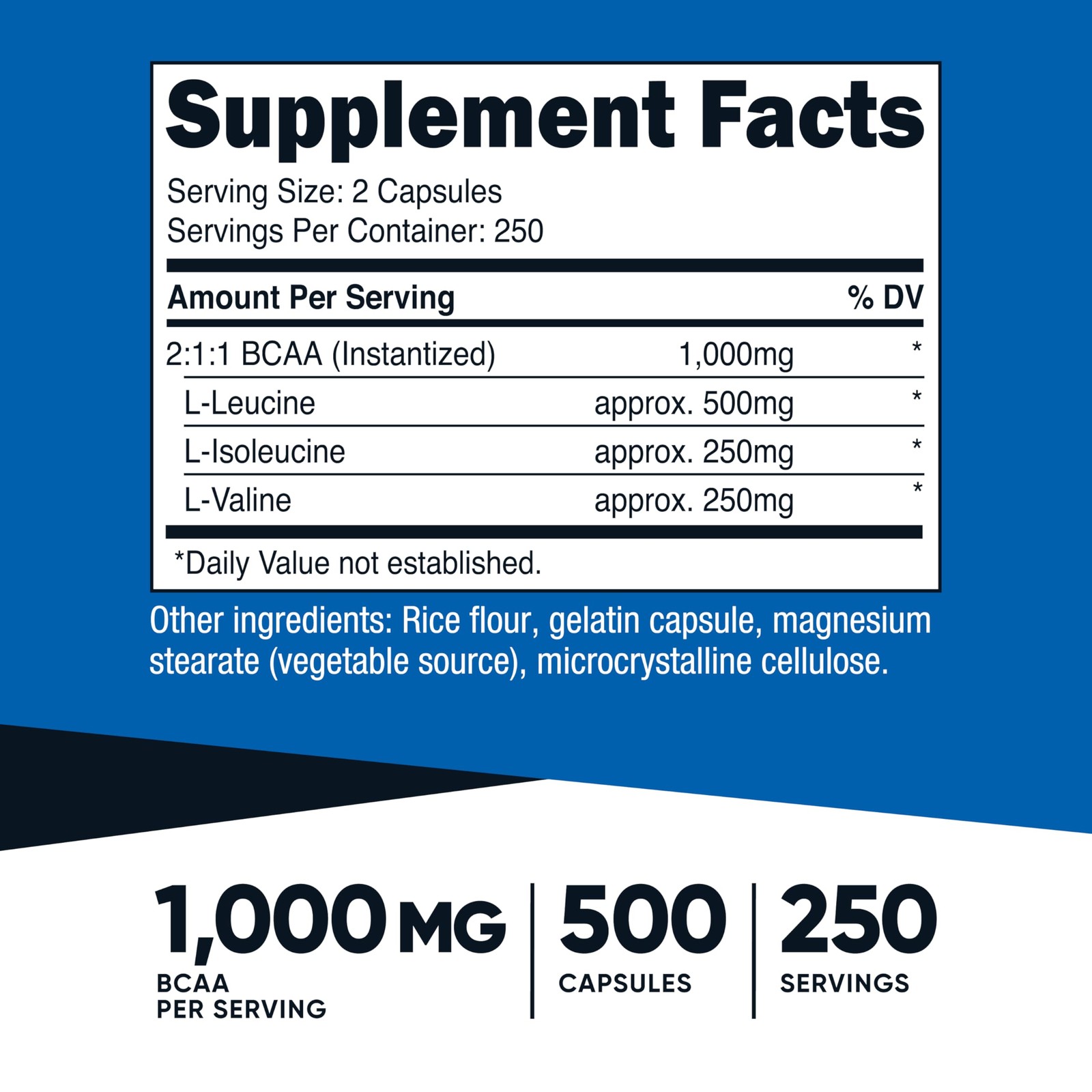 Nutricost BCAA 1000mg, 500 Capsules (250 500 Count (Pack of 1), Multicolor