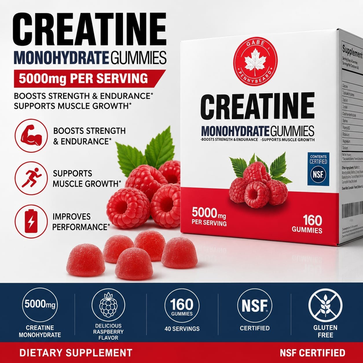 Gabe Funnybear Creatine Monohydrate Gummies 5000mg Raspberry 160 NSF GF