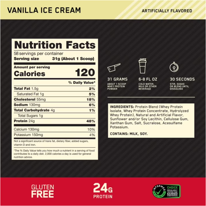 Optimum Nutrition Gold Standard Whey Protein, Vanilla Ice Cream, 3.96 lb