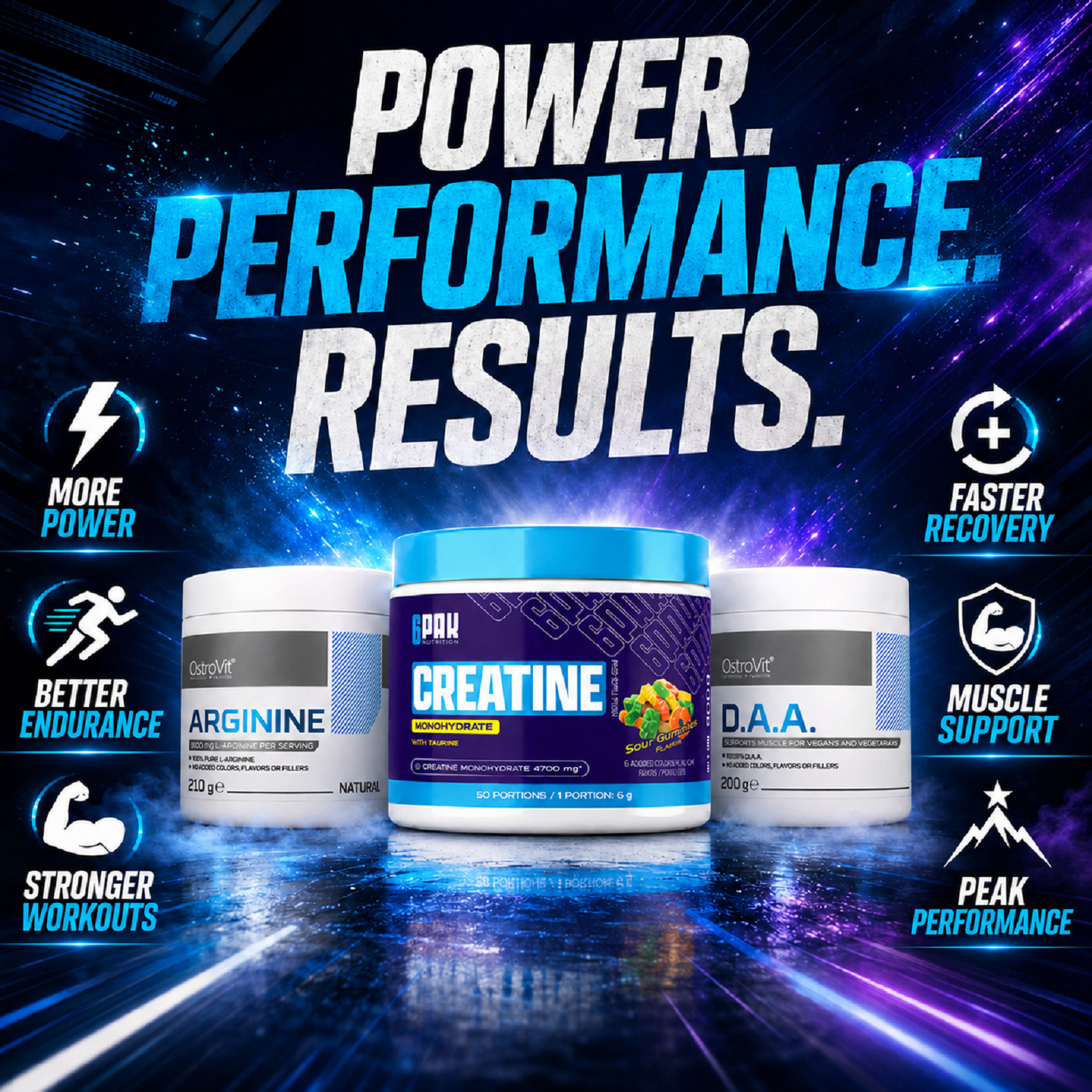 ARGININE + CREATINE MONOHYDRATE + DAA – Recovery Endurance Strenght Performance