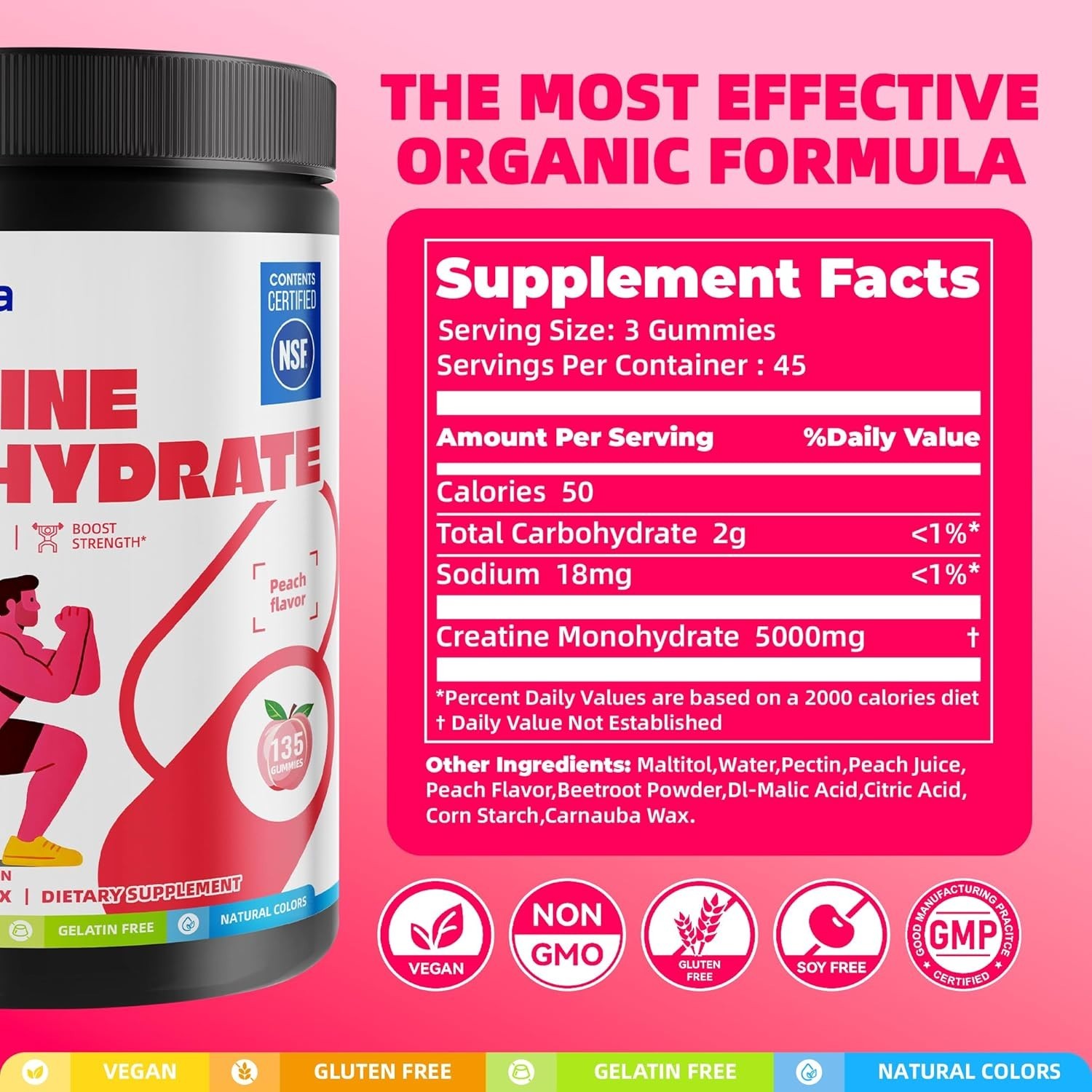 Creatine Monohydrate Gummies 5g, Pre-Workout Energy & Muscle Growth Support