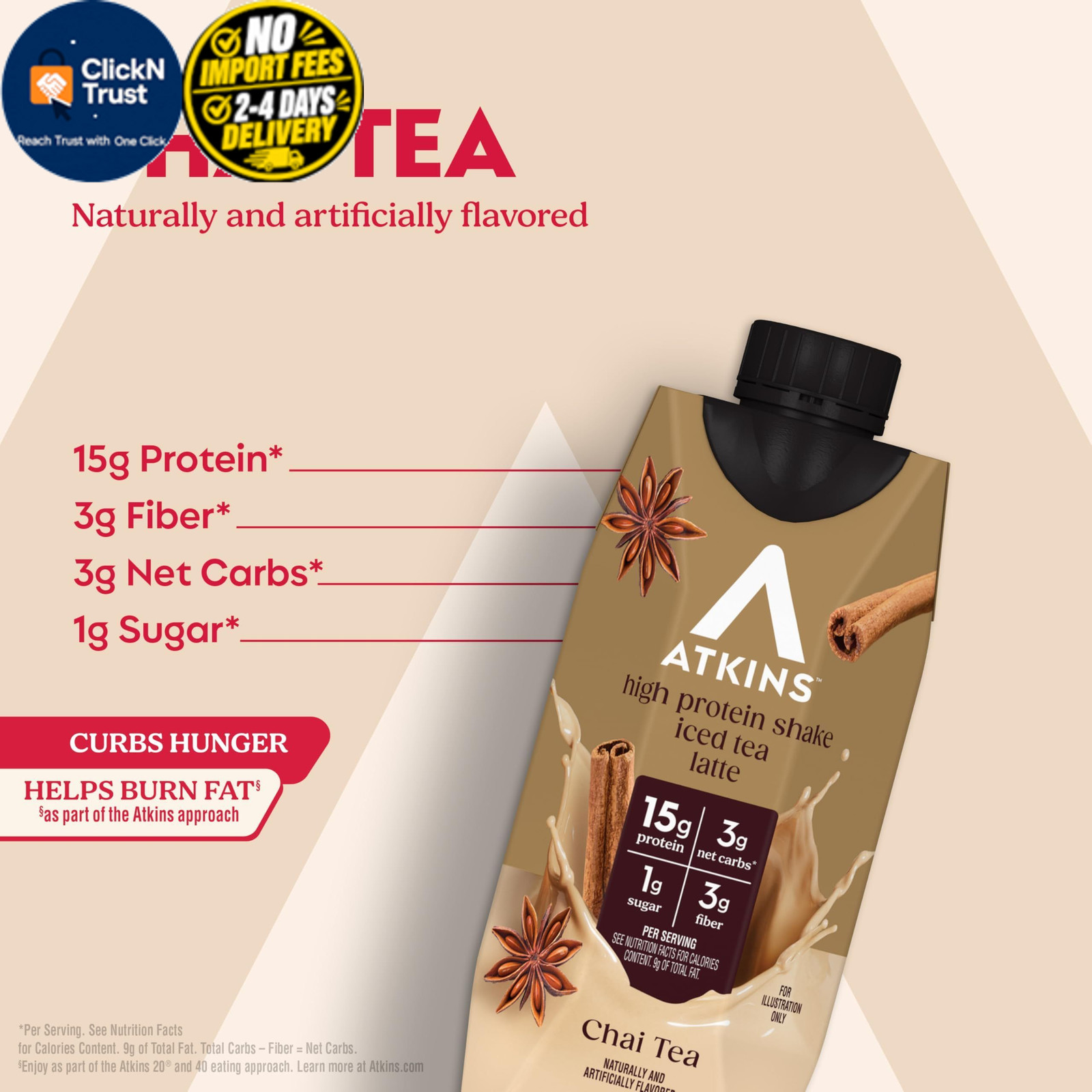 Atkins Chai Tea Latte Flavored Protein Shake, High 11 Fl Oz (Pack of 12)
