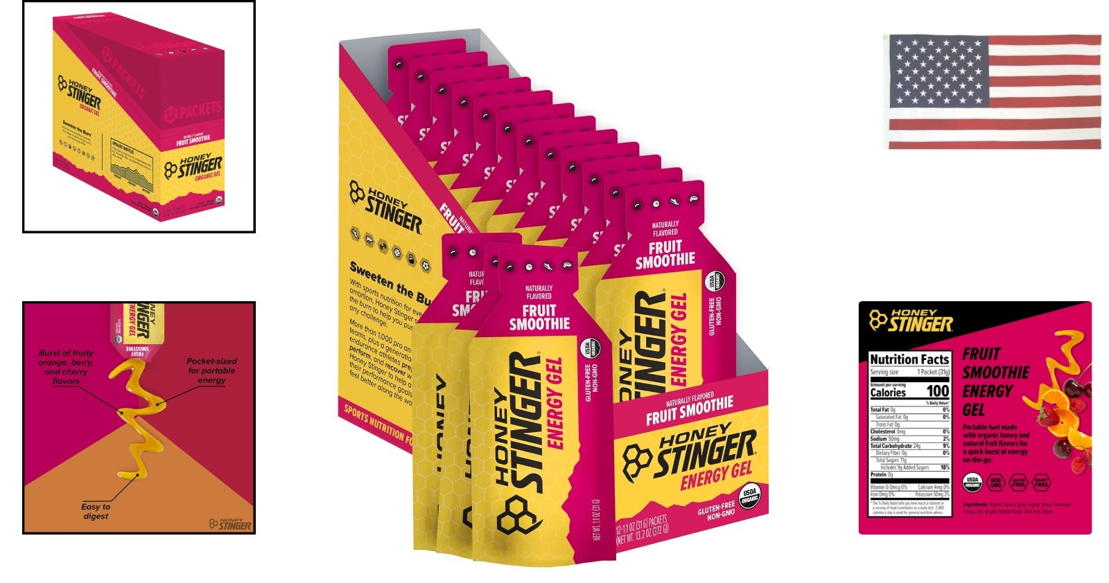 Organic Fruit Smoothie Energy Gel Pack, Gluten-Free & Caffeine-Free, Fast-Act…