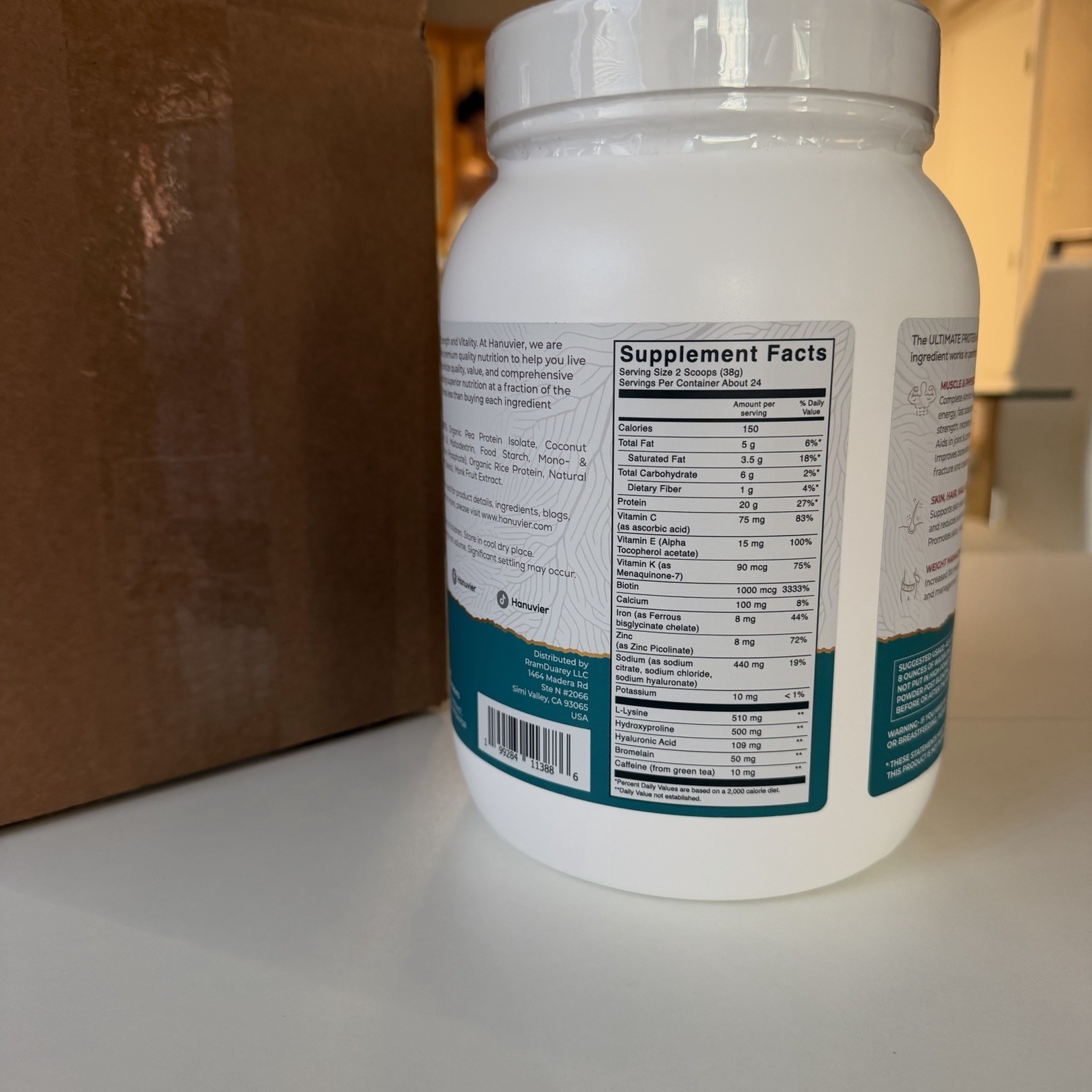 Hanuvier Vegan Protein Powder Vanilla Non-GMO No Sugar 1.98 lb