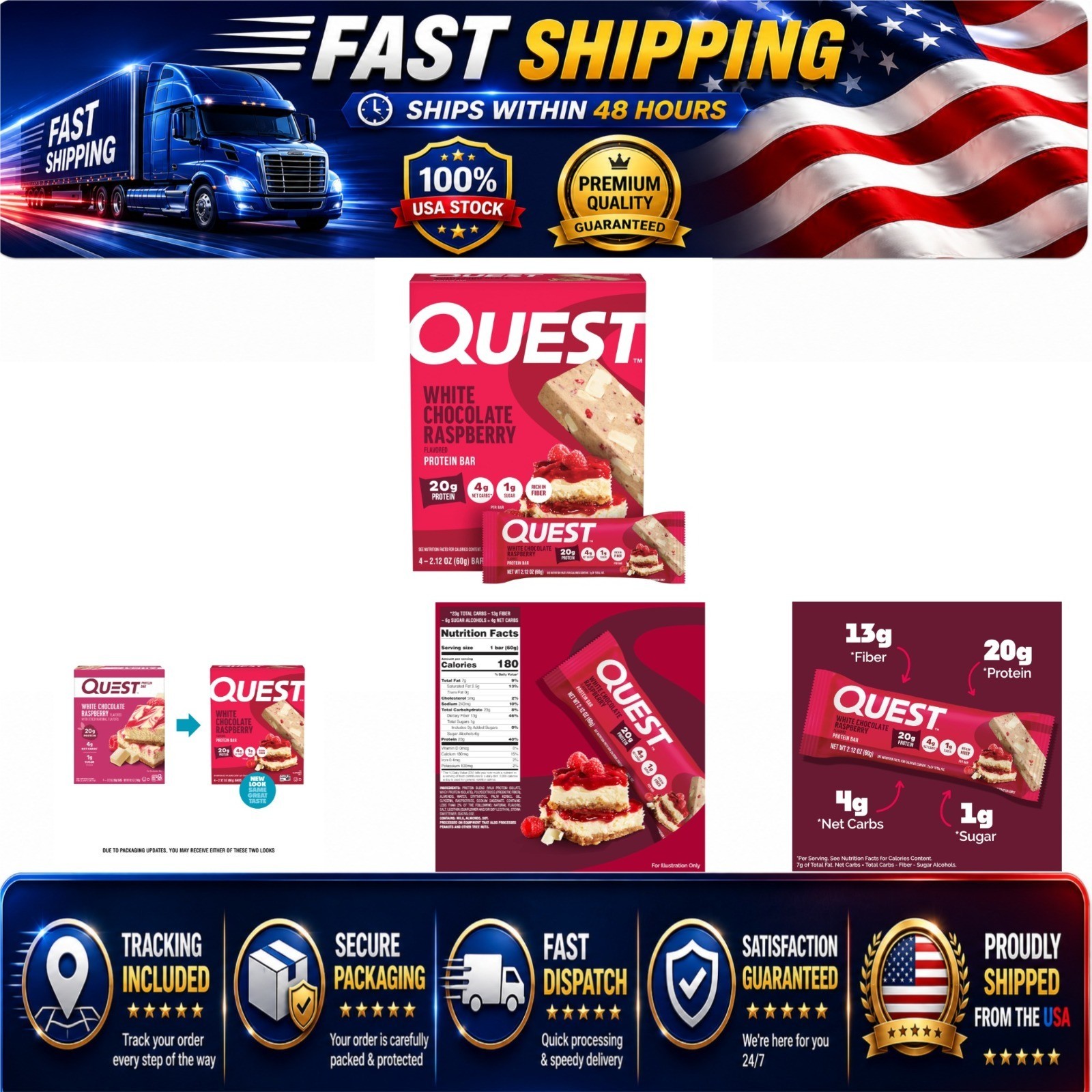 Quest Nutrition White Chocolate Raspberry Protein Bars 20g Protein 4 Count
