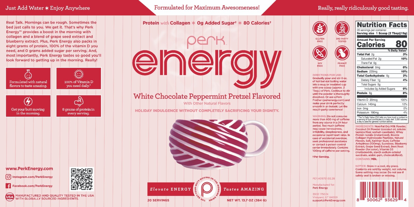 Perk Energy Original White Chocolate Peppermint Pretzel Drink Mix (20 Servings)