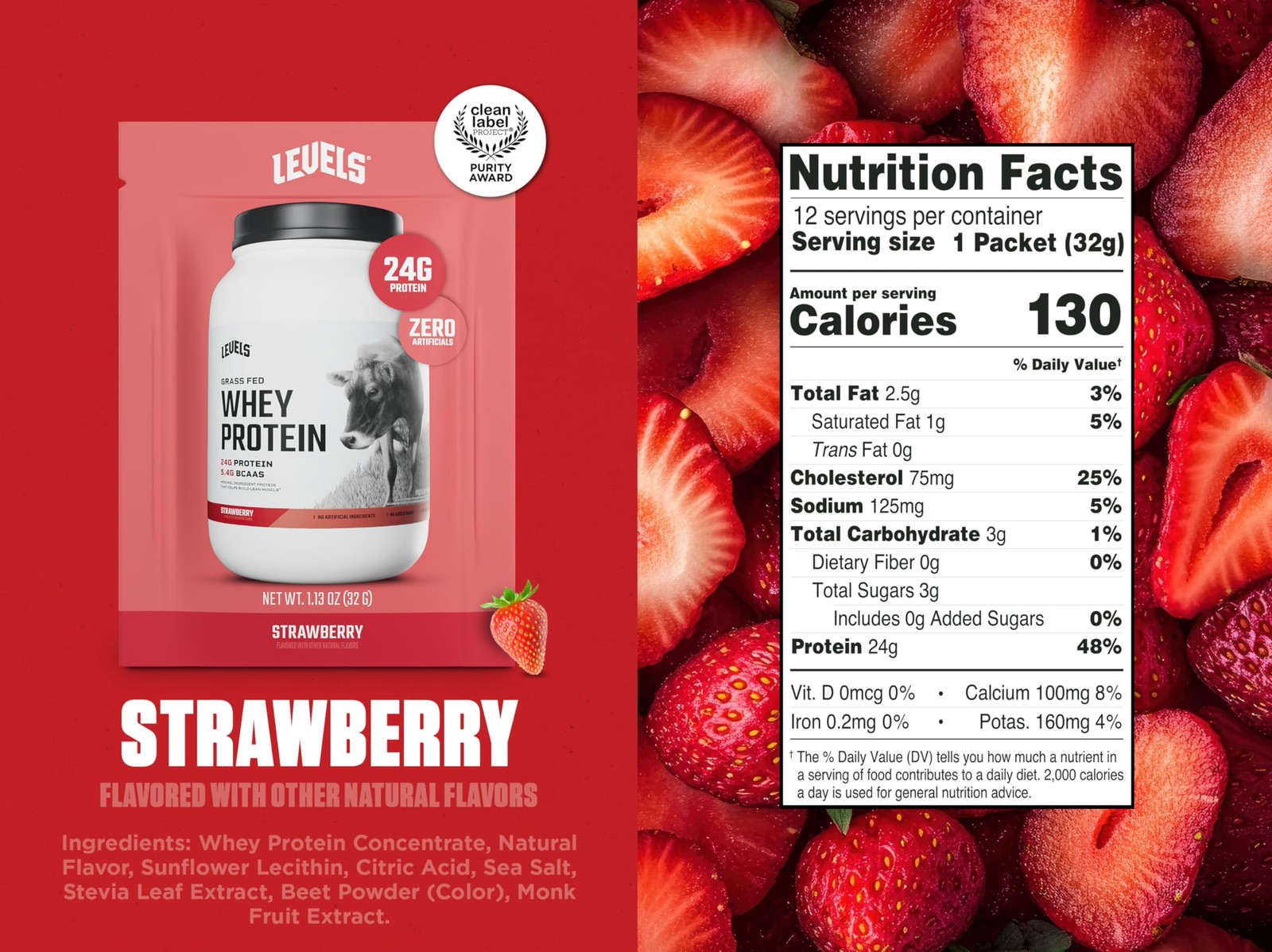Levels Grass Fed Whey Protein Powder No Artificials 24G of Protein Strawberry…