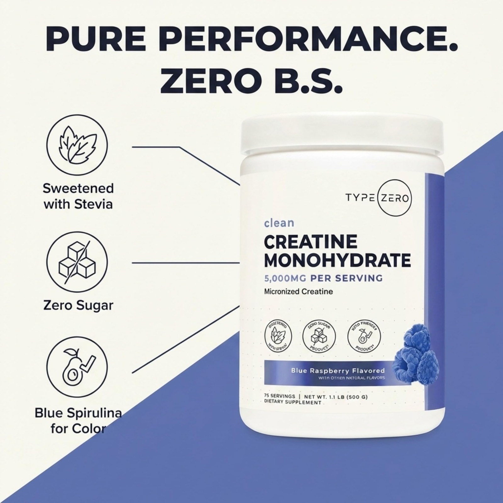 Creatine Monohydrate Powder 500 Grams, Blue Raspberry Flavor – Gluten-Free