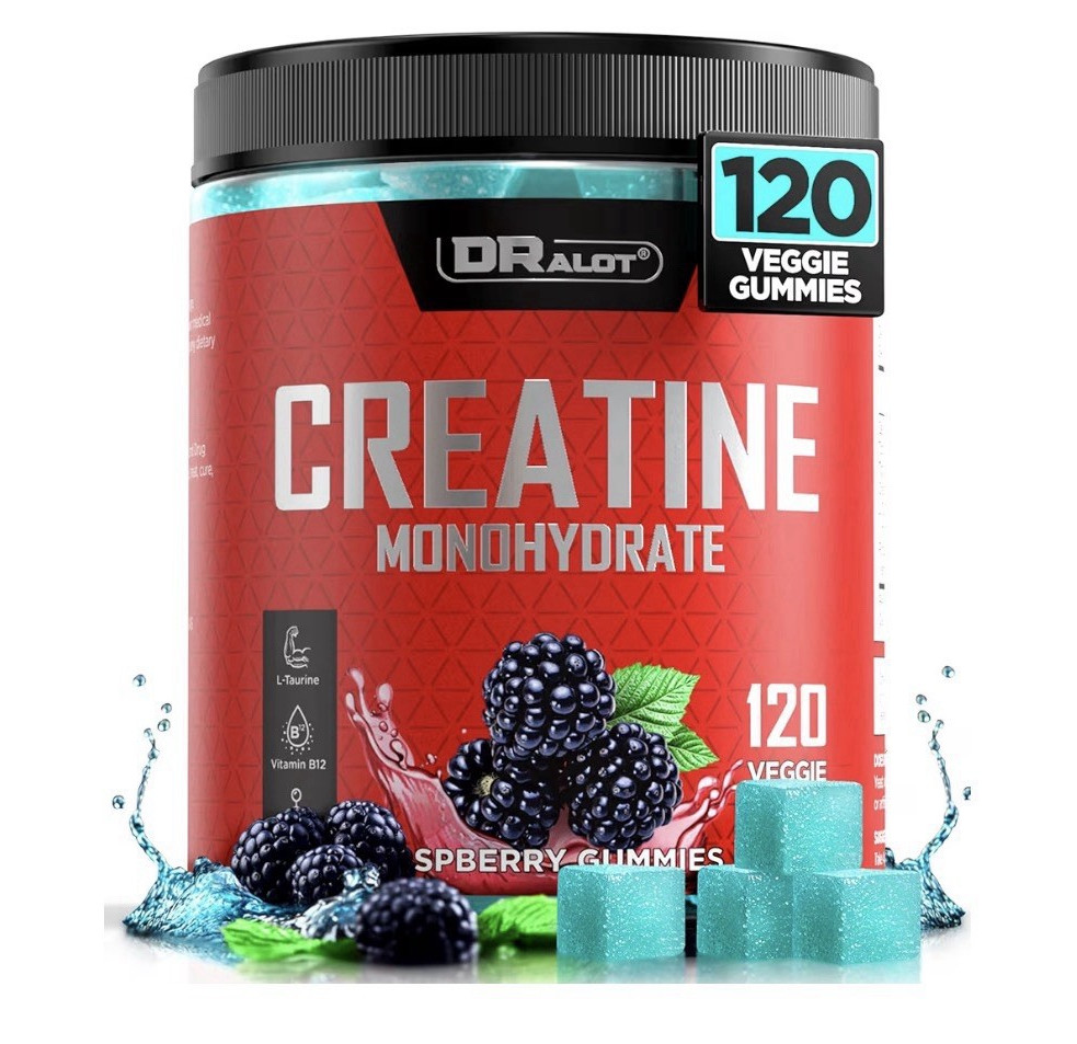 DRALOT Creatine Monohydrate Veggie Gummies Spberry 120 Count B12 Taurine