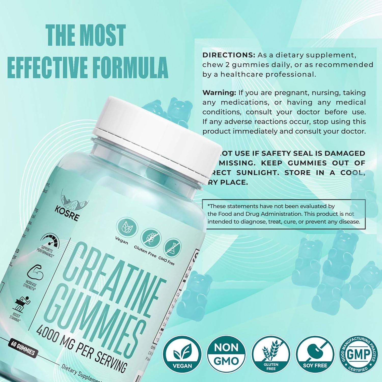 Creatine Monohydrate Gummies for Muscle Support – Blueberry Flavor – 60ct.