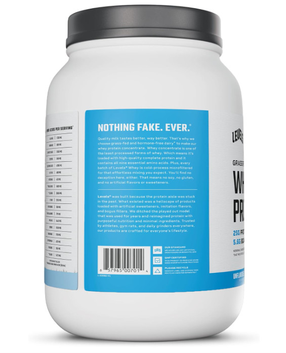 Levels Grass-Fed Whey Protein Powder, Unflavored, 2 lb, 25g Protein