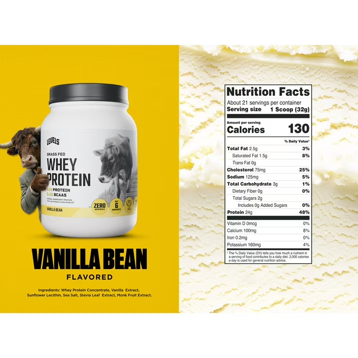 Levels Grass Fed Whey Protein Powder, No Artificials,24G of Protein,Vanilla Bean
