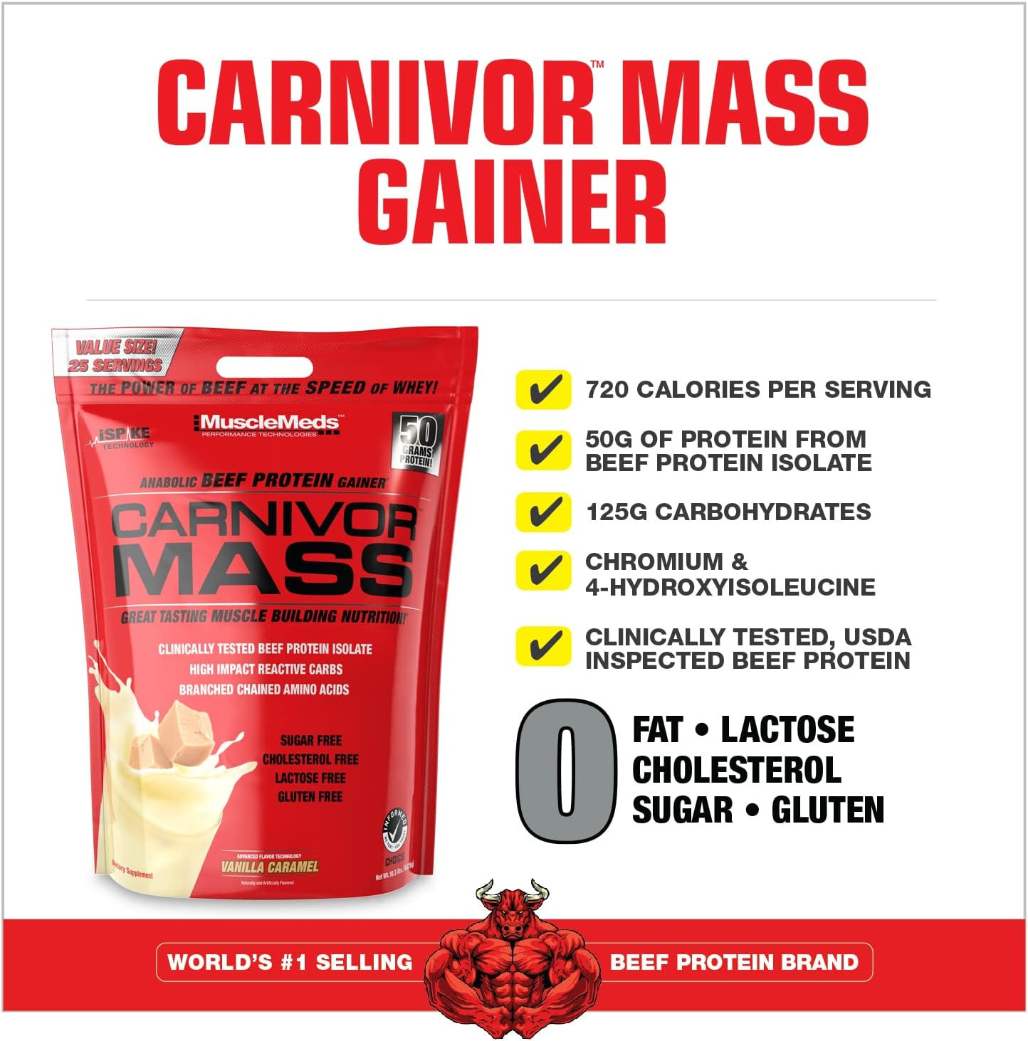Carnivor Mass Anabolic Beef Protein Gainer, Vanilla Caramel, 10 Pounds