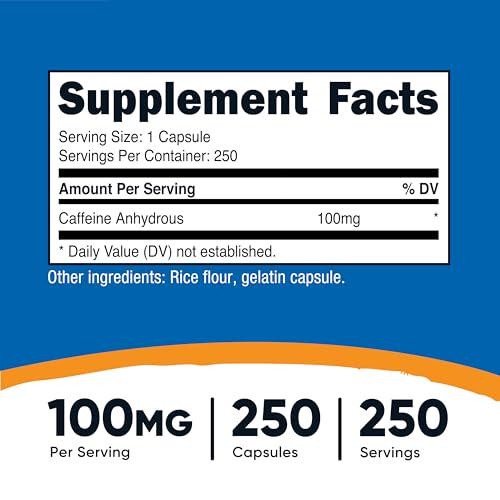 Nutricost Caffeine Pills 100mg Per Serving, 250 Capsules