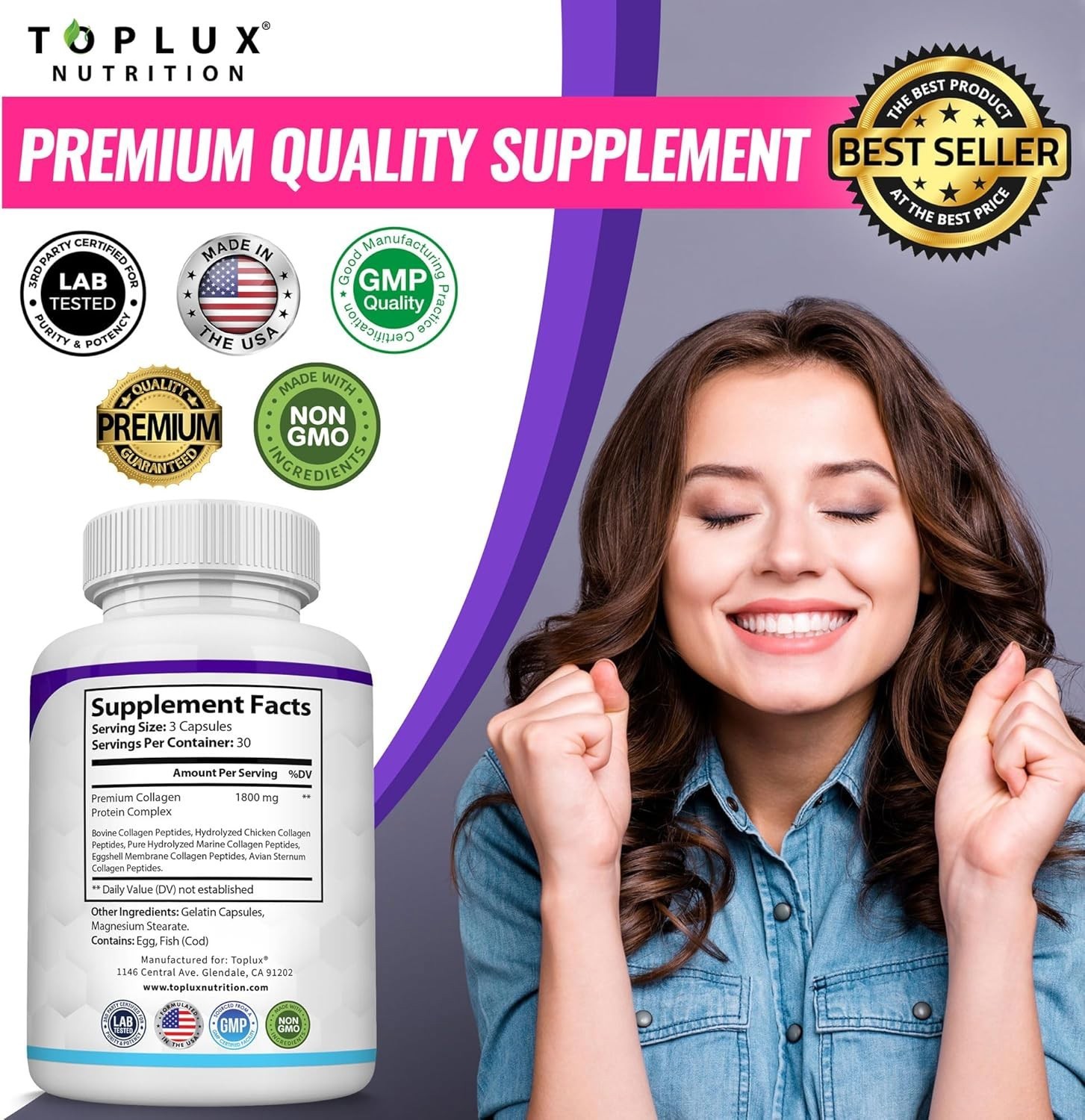 Toplux Multi Collagen Peptides Pills 1800 Mg III W/ Type I II Complex V X 90Cap